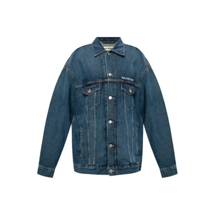 Balenciaga Balenciaga White Logo Embroidered Denim Jacket 0079-2507 Size L / US 10 / IT 46 - 1 Thumbnail