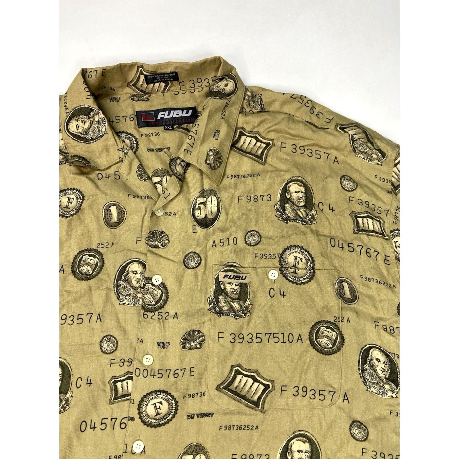 Fubu VINTAGE FUBU Shirt Men XXL Beige Short Sleeve AOP Money 90s City Hip Hop Button-Up Pockets Size US XXL / EU 58 / 5 - 2 Thumbnail