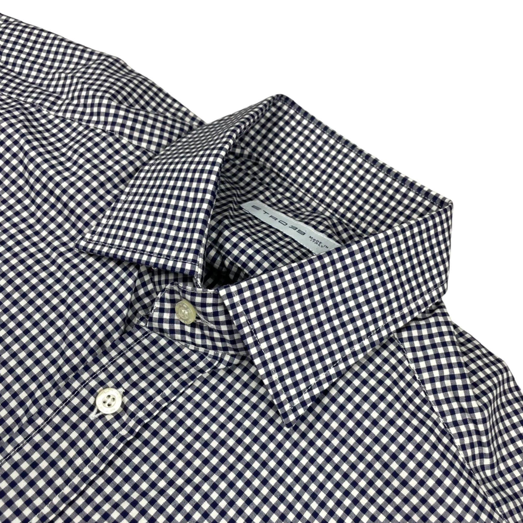 Etro ETRO Dress Shirt Men 100% Cotton Navy White Gingham Check Long Sleeve Italy Size 39 Mens Size 40R - 2 Thumbnail