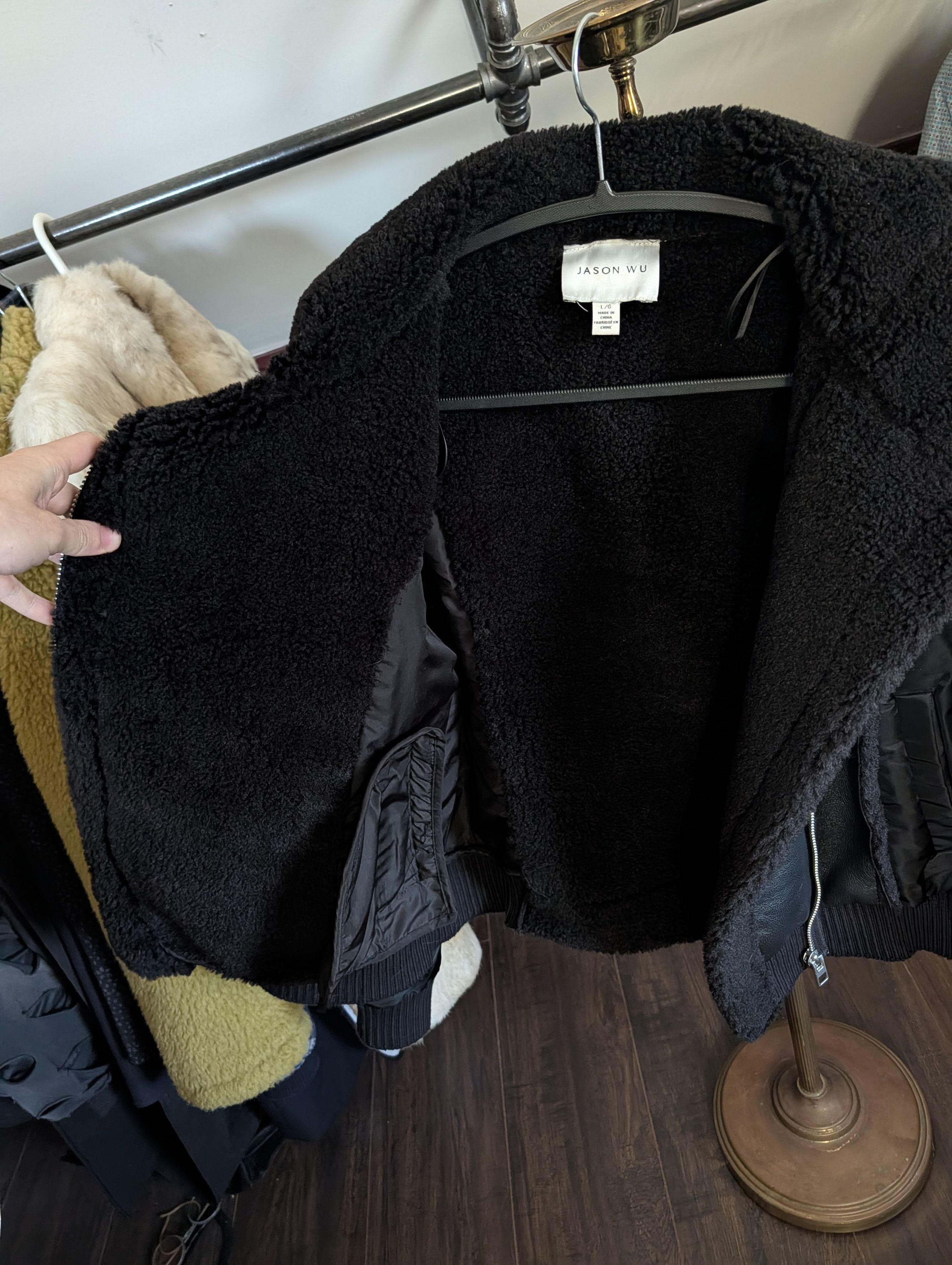 Jason Wu Black vegan leather shearling fur aviator bomber jacket Size L / US 10 / IT 46 - 13 Thumbnail