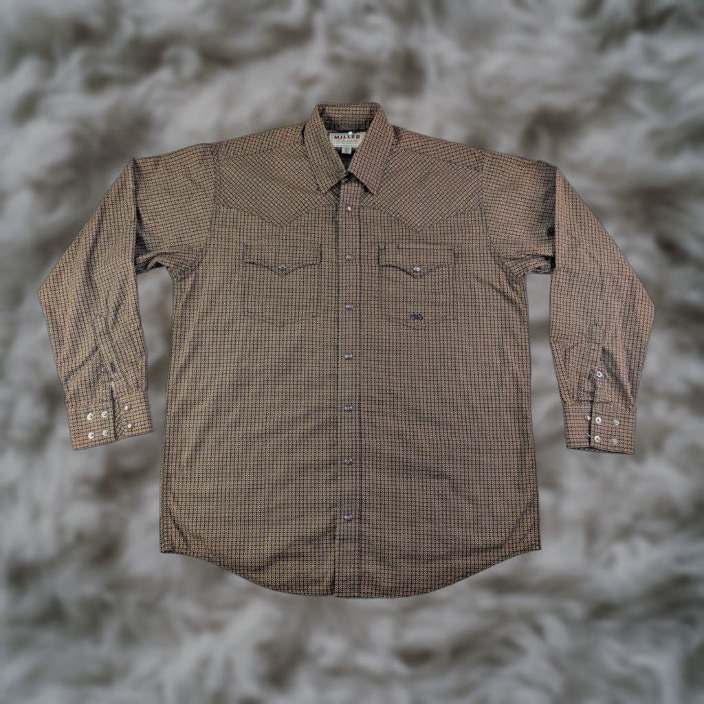 VINTAGE Miller Ranch Shirt Mens Medium Geometric Circles Mandala Pearl Snap Shirt Mens Medium Brown Cotton Western Pockets Button-Up