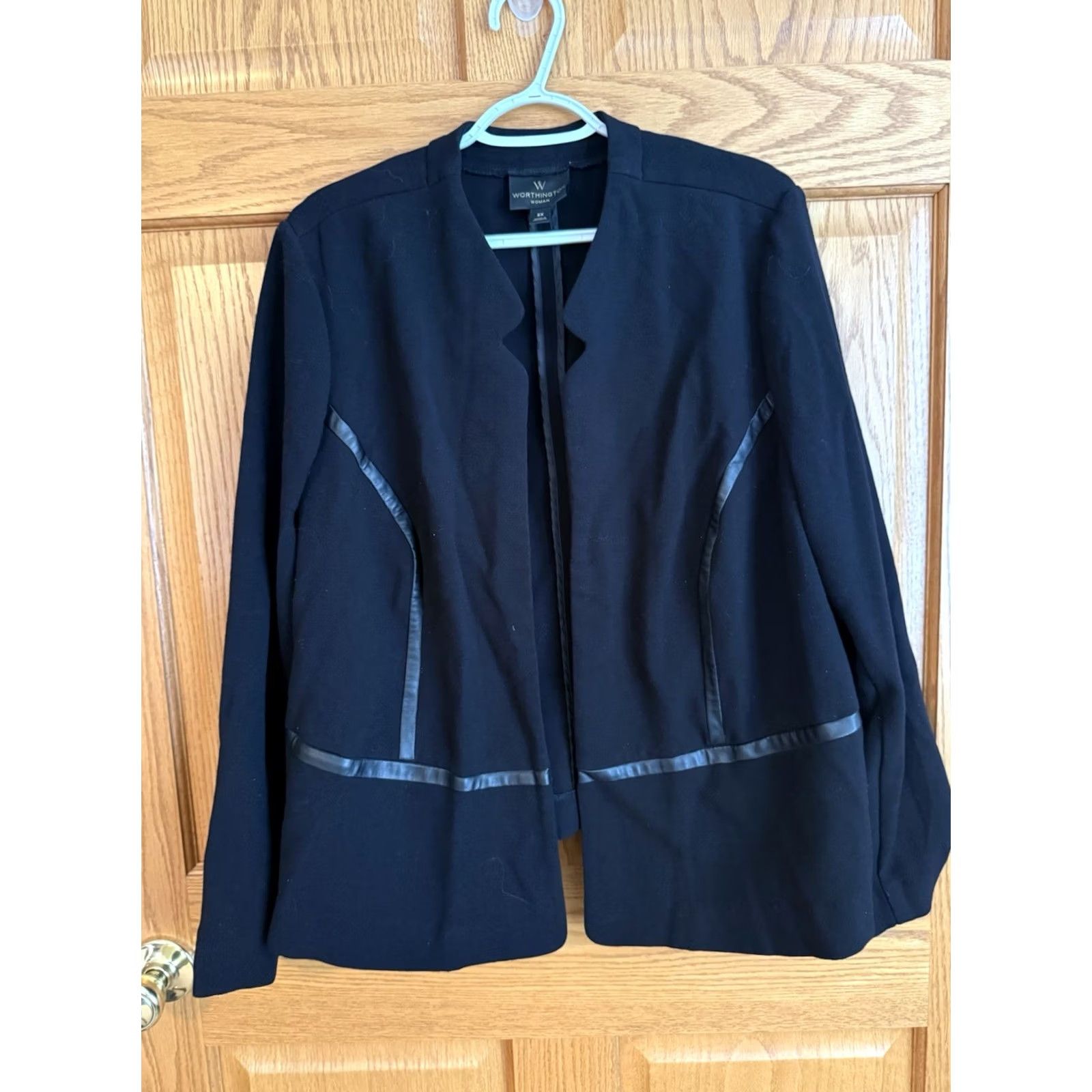 Worthington Worthington Black Blazer Womens Open Front Faux Leather Trim 2X Business Work Size XXL / US 16-18 / IT 52-54 - 2 Thumbnail
