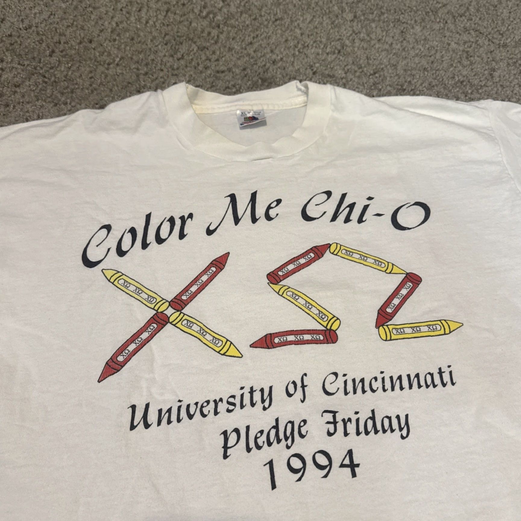 Fruit Of The Loom VINTAGE 1994 Chi Omega University Cincinnati Frat Sorority Greek Life T-Shirt XL Women White Fruit of the Loom Shirt Size XL / US 12-14 / IT 48-50 - 3 Thumbnail