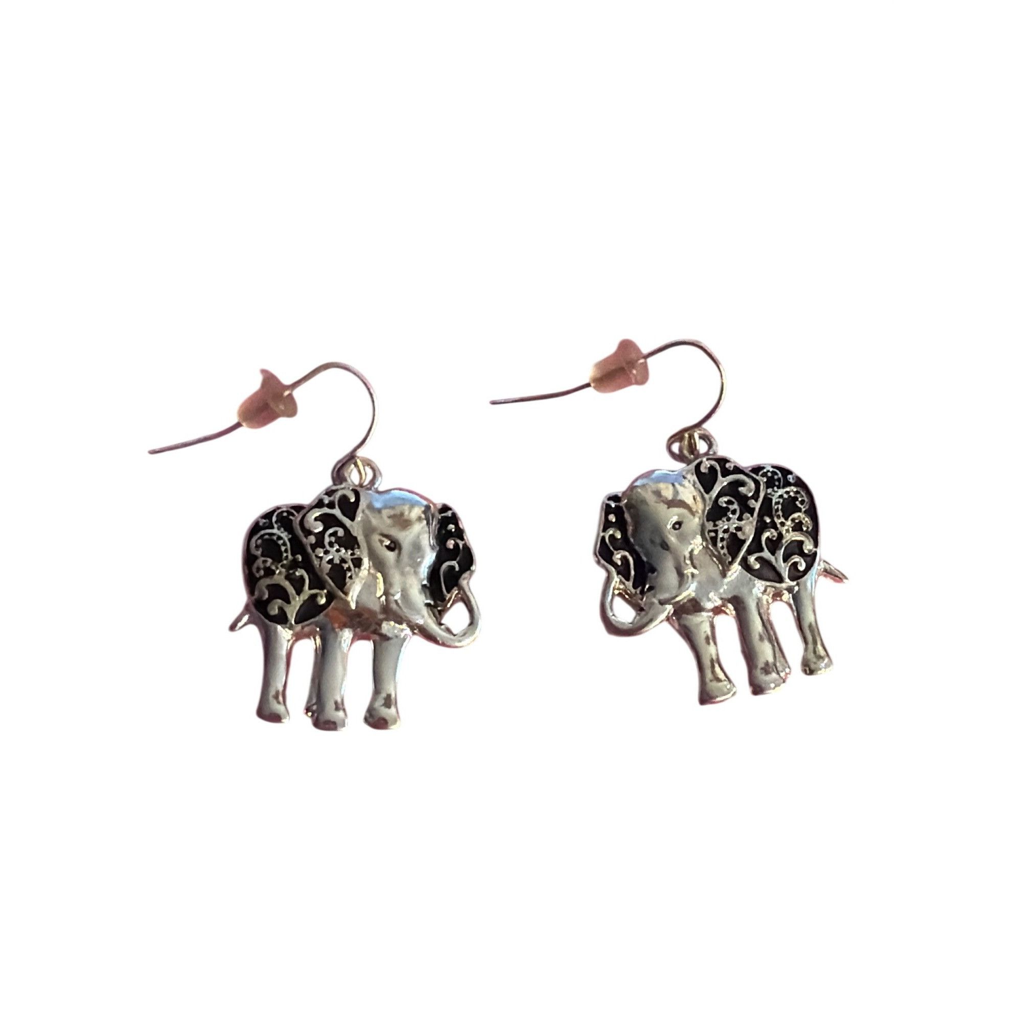 Other Silver Tone Black Enamel Elephant Dangle Earrings Hooks Trun Size ONE SIZE - 1 Thumbnail