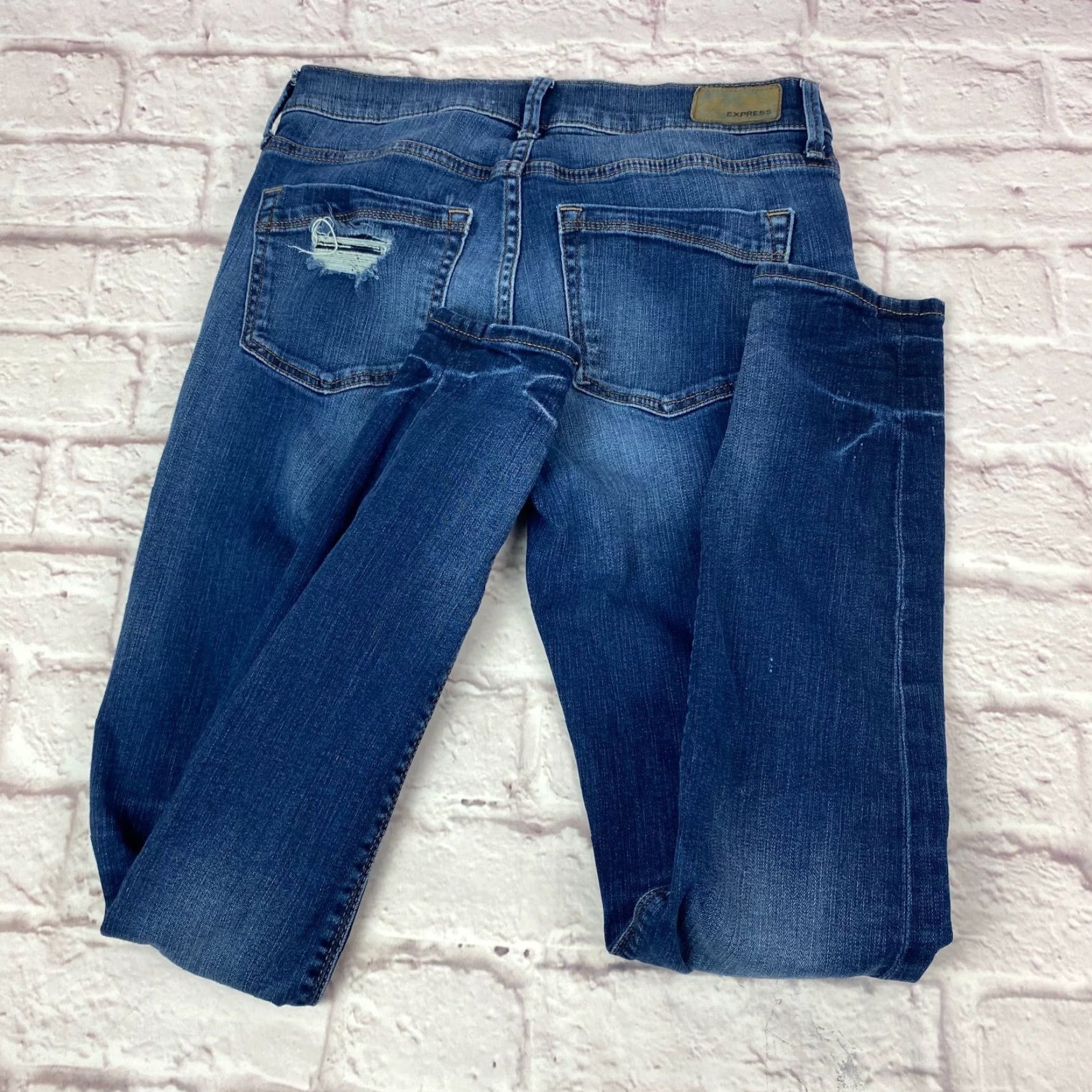 Express Express Jeans Junior Teens Size 4 Stretch Mid Rise Distressed Dark Wash - 90s City College Theme, Express Jeans, Denim, Blue, Jeans, Regular, Junior Size 27" / US 4 / IT 40 - 3 Thumbnail