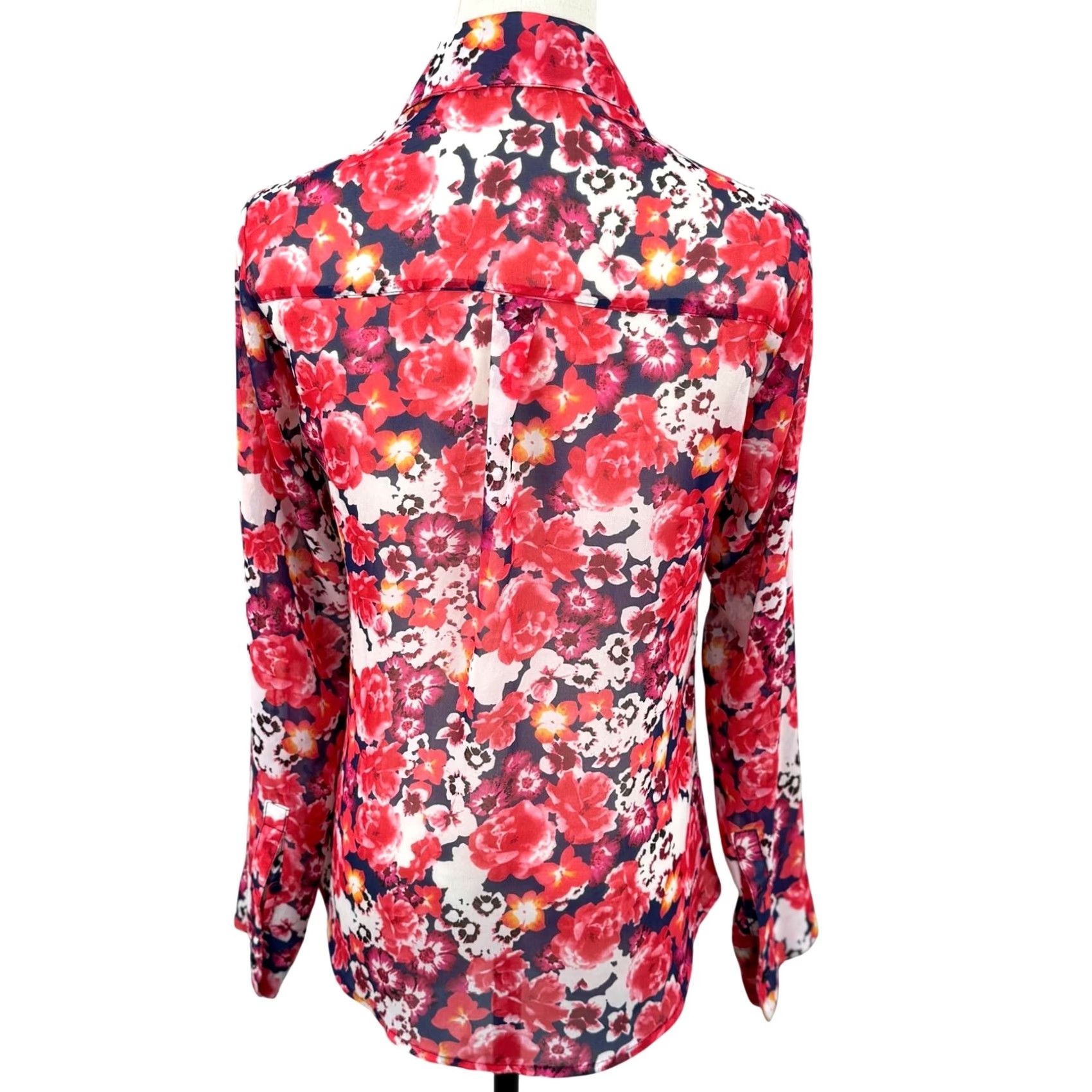 Express EUC Y2K Express Portofino XS Sheer Dark Floral Button Down Blouse RollTab Sleeve Boys? Womens Size XS / US 0-2 / IT 36-38 - 4 Thumbnail