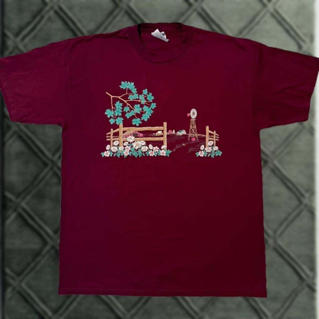 Jerzees VINTAGE Jerzees T-Shirt Red Large Unisex Adults 90s Nature Barn Farm Landscape Art Shirt Size US L / EU 52-54 / 3 - 1 Thumbnail