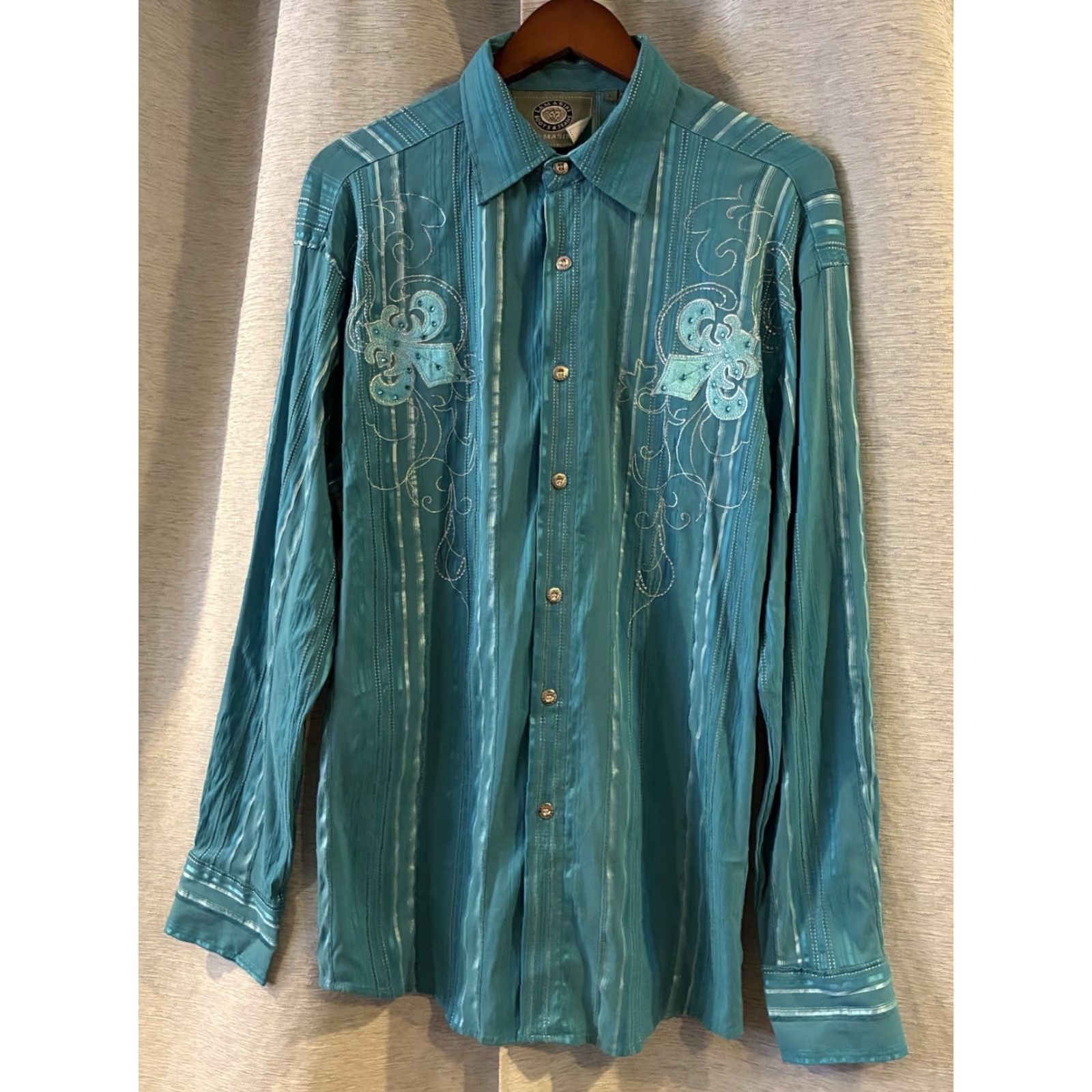 Vintage Lamasini Western Style Shirt L Button-Down Embroidered Men Teal Slim Long Sleeve Button-Up Shirt Size US L / EU 52-54 / 3 - 2 Thumbnail