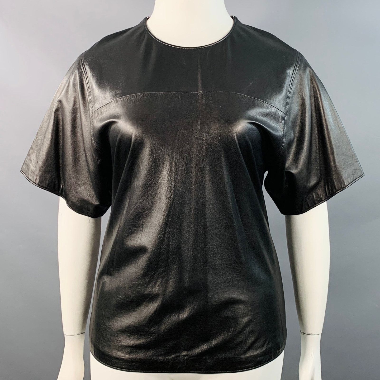 VALENTINA KOVA Size L Black Leather Crew Neck Casual Top
