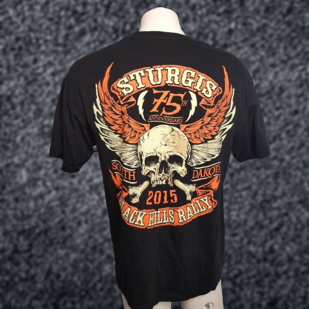 Vintage Mens L Sturgis 75 Years Anniversary Skull T-Shirt Black Hills Rally 2015 Size US L / EU 52-54 / 3 - 1 Thumbnail