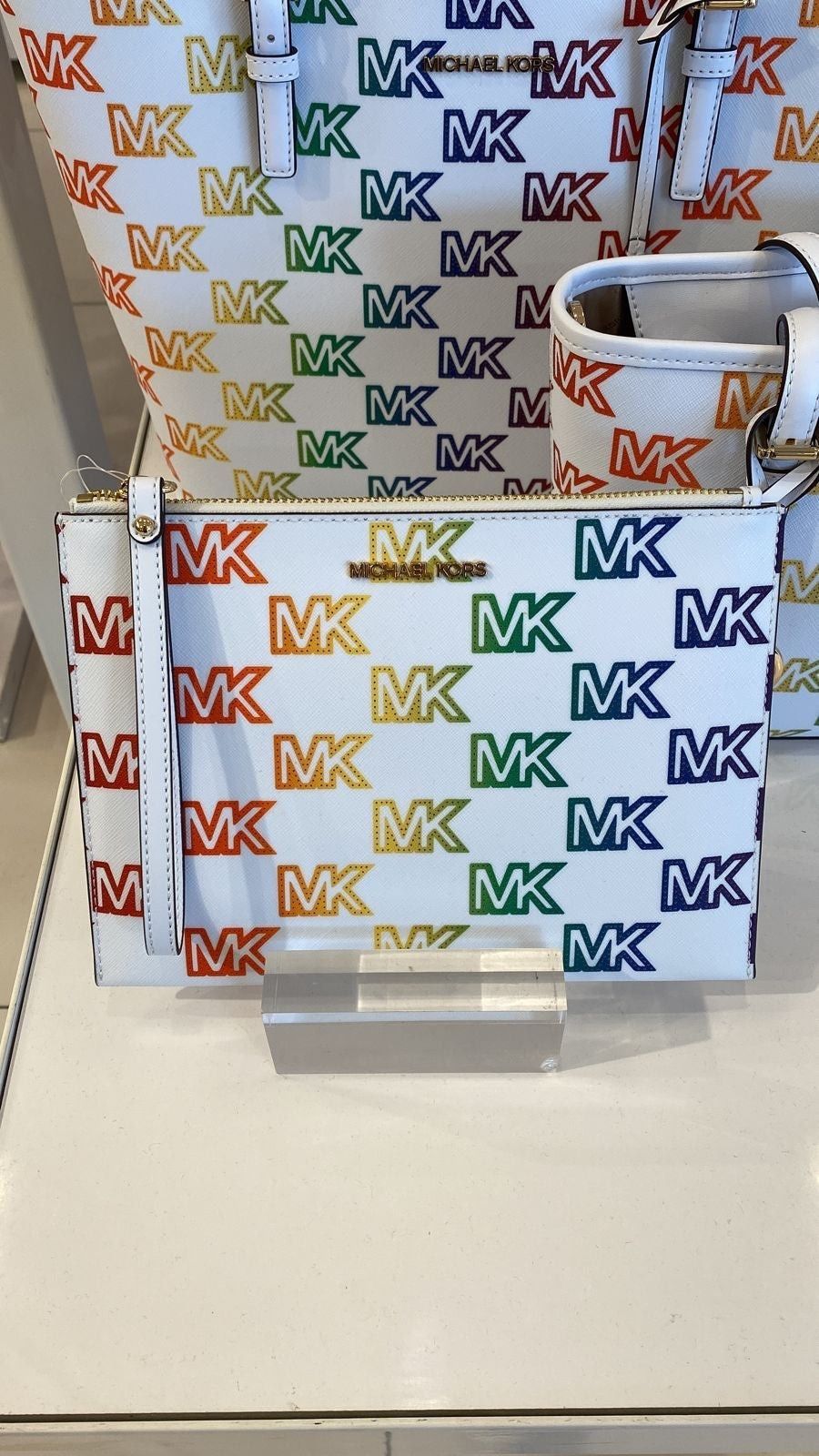 Michael kors XL zip clutch wristlet optic white multi Rainb