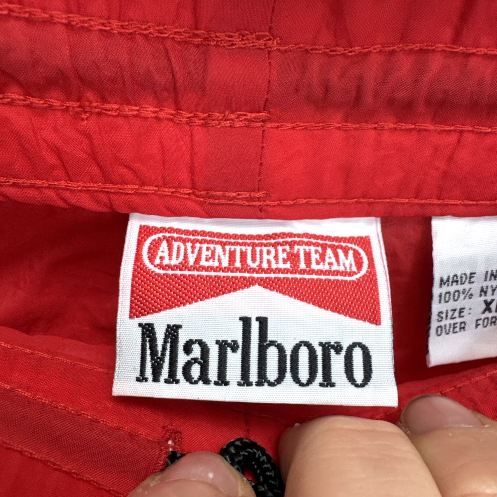 Marlboro VINTAGE Marlboro Adventure Team Red Track Pants XL Men's Nylon Windbreaker Pockets Elastic Waist Tapered Leg 90s USA Cowboy Retro Size US 36 / EU 52 - 6 Thumbnail