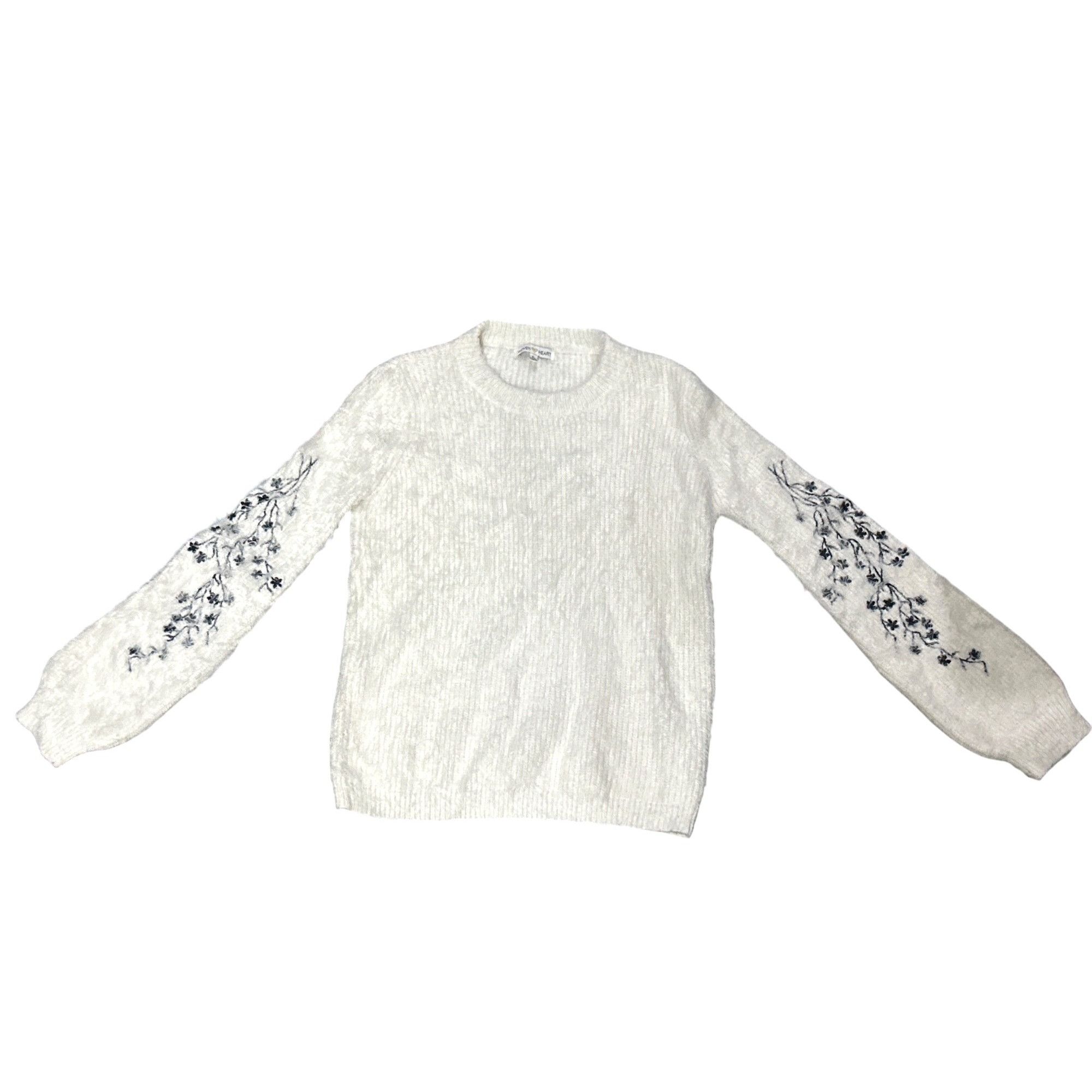 Nordstrom Woven Heart Large Ivory Fuzzy Floral Embroidered Sweater Cot Size L / US 10 / IT 46 - 10 Thumbnail