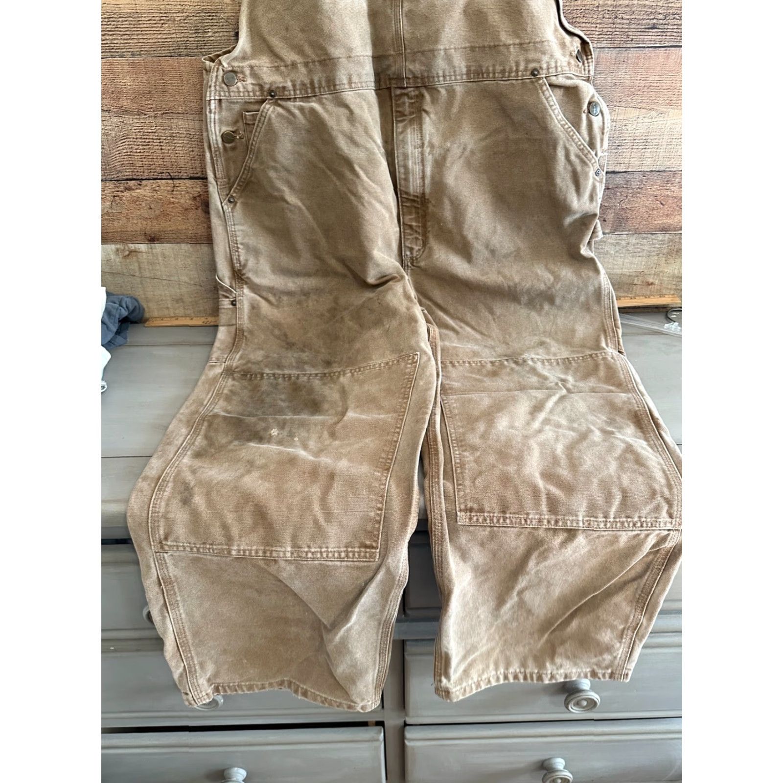 Carhartt VINTAGE Carhartt R01 BRN Men's 44x30 Khaki Duck Carpenter Bib Overalls Distressed Lot 2 pairs Size US 44 / EU 60 - 2 Thumbnail
