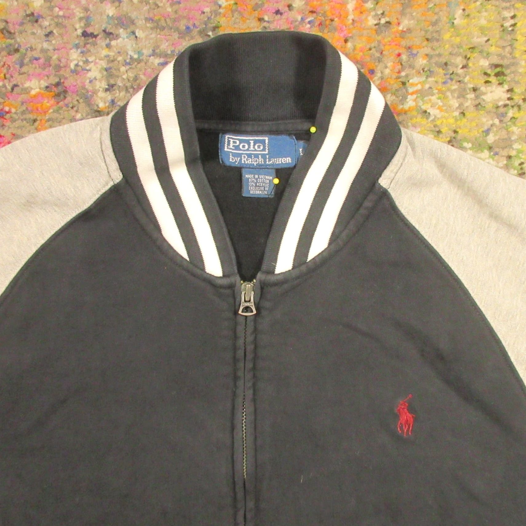Polo Ralph Lauren VTG Polo Ralph Lauren Varsity Jacket Men L Black Gray Cotton Blend Full Zip Logo Zipper 44 in Chest Multicolor Sports Baseball Varsity Jacket 90s Size US L / EU 52-54 / 3 - 3 Thumbnail