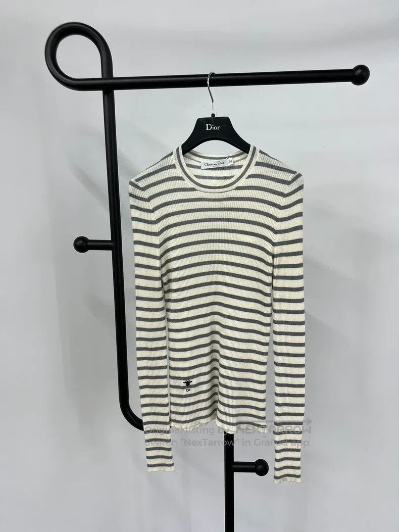 Dior Dior Greyish-white striped little bee logo knitted sweater Size S / US 4 / IT 40 - 1 Thumbnail
