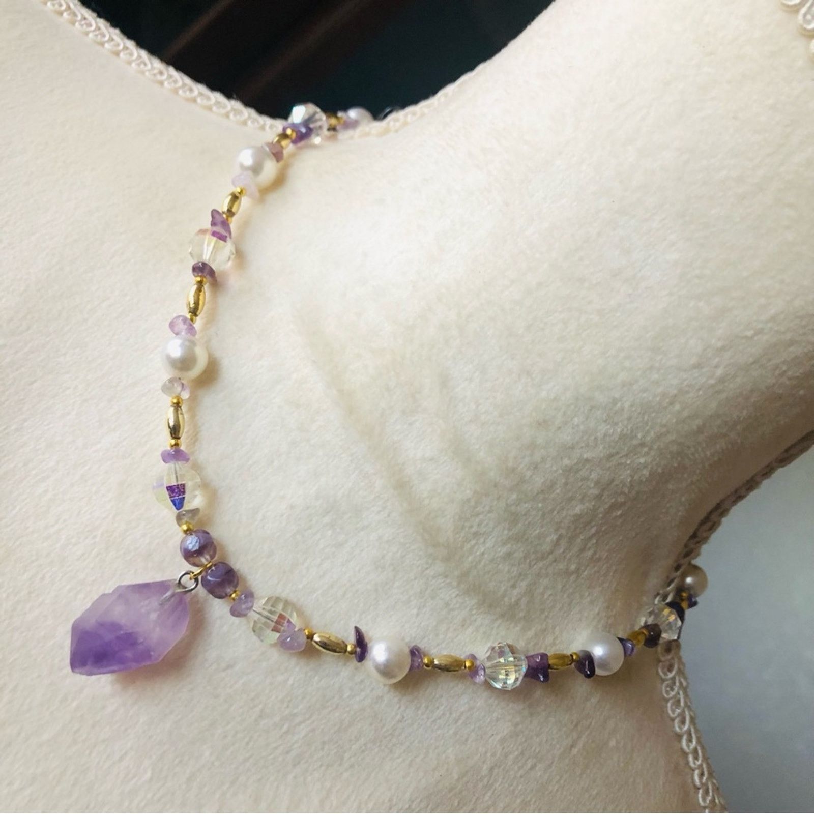 Handmade Handcrafted repurpose genuine amethyst slab pearl necklace Size ONE SIZE - 1 Thumbnail