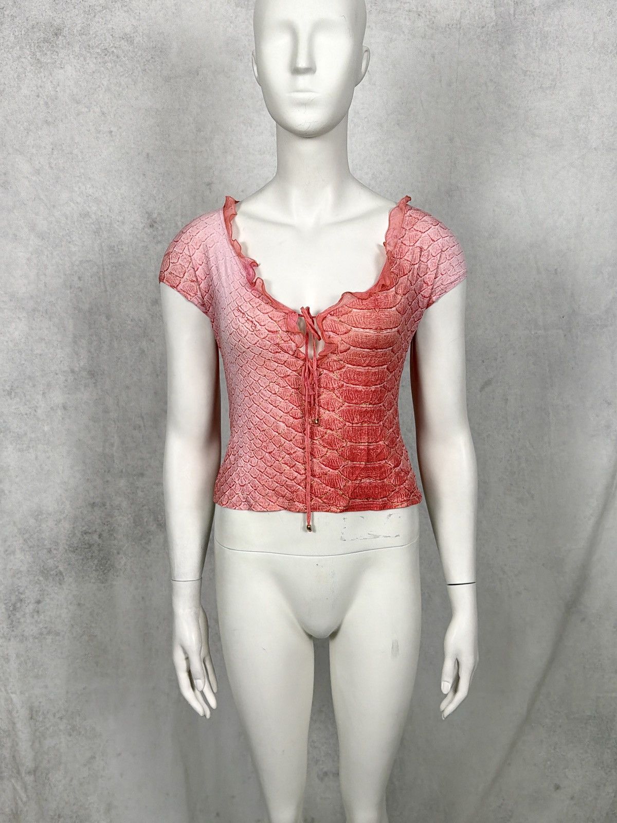 Roberto Cavalli Roberto Cavalli 1990’s Ruffled Reptile Scale Print Lace Top Size M / US 6-8 / IT 42-44 - 1 Thumbnail