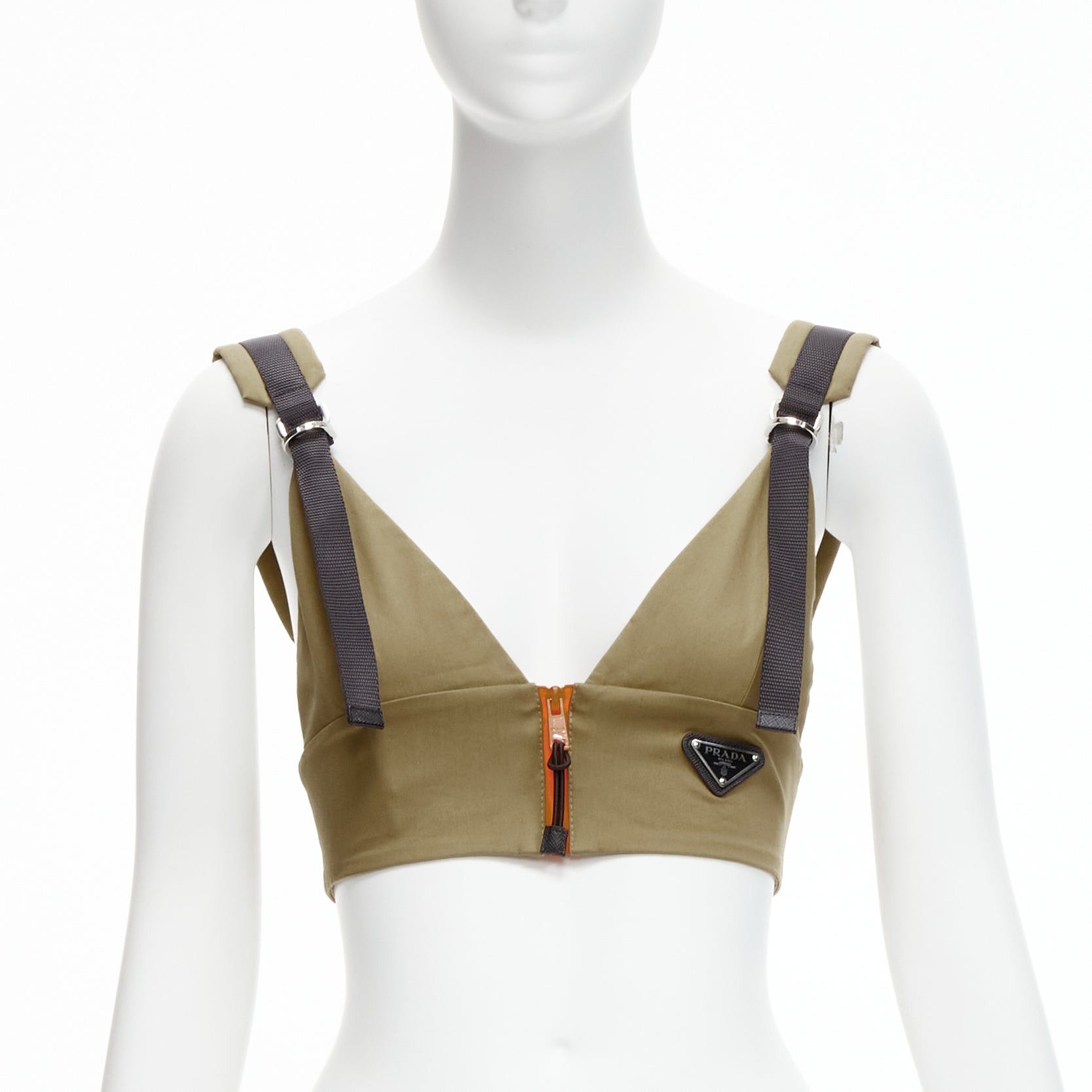 Prada new PRADA 2021 orange zip khaki green technical strap bra top IT40 S Size S / US 4 / IT 40 - 1 Thumbnail