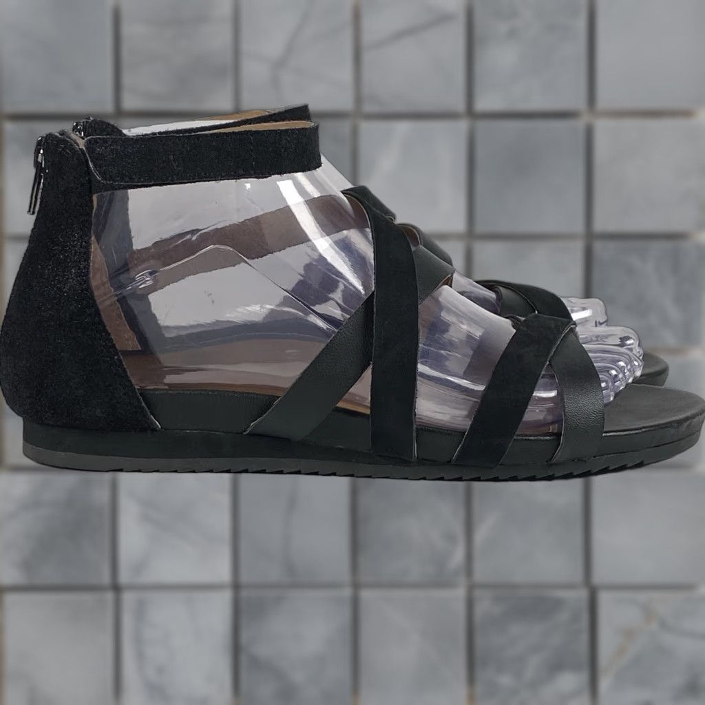 Vintage Abeo Braelyn Ankle Strap Sandals / Black Leather Sz 7.5 Womens Flat Heel Arch Support Strappy Casual Travel 7.5 Black Size US 8 / IT 38 - 1 Thumbnail
