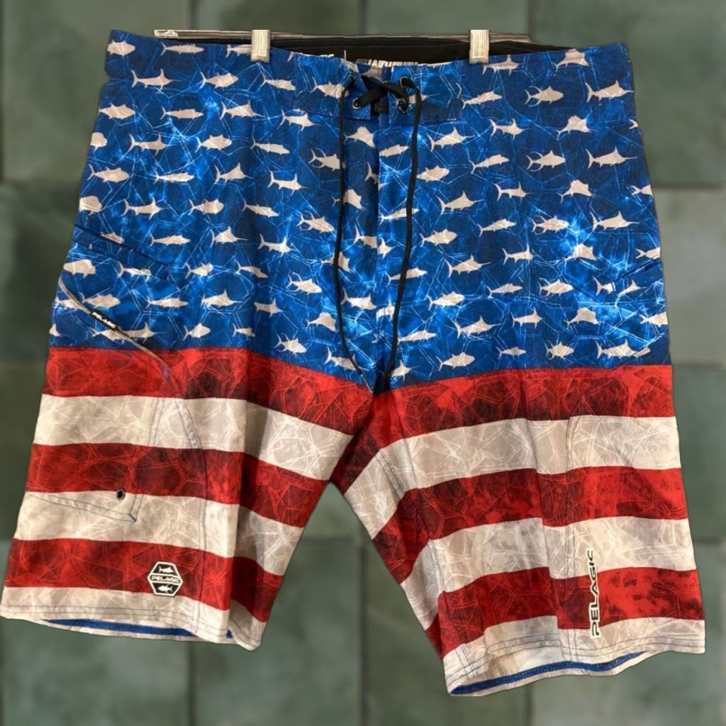 Swims PELAGIC Boardshorts Mens 36 Bottom Swim Lifeguard Recreational Surfing Geometric Multicolor Polyester Blend Blended Fabric Flag Sharkskin American 36 Size US 36 / EU 52 - 1 Thumbnail