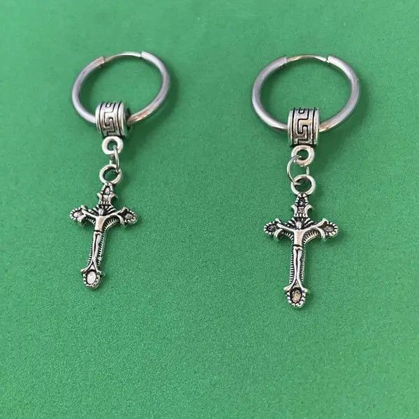 Designer × Jewelry 925 Silver Plated Cross Dangle Drop Earrings for Men Women Size ONE SIZE - 2 Thumbnail