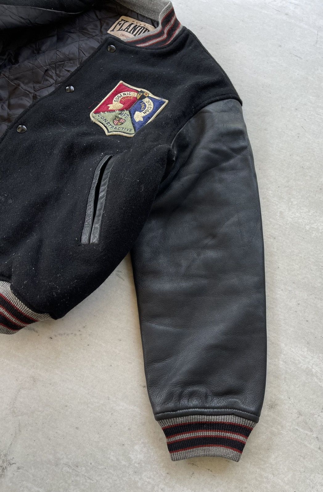 Japanese Brand 🔥VINTAGE 90'S FLANDRE LEATHER SLEEVE VARSITY JACKET Size US L / EU 52-54 / 3 - 6 Thumbnail