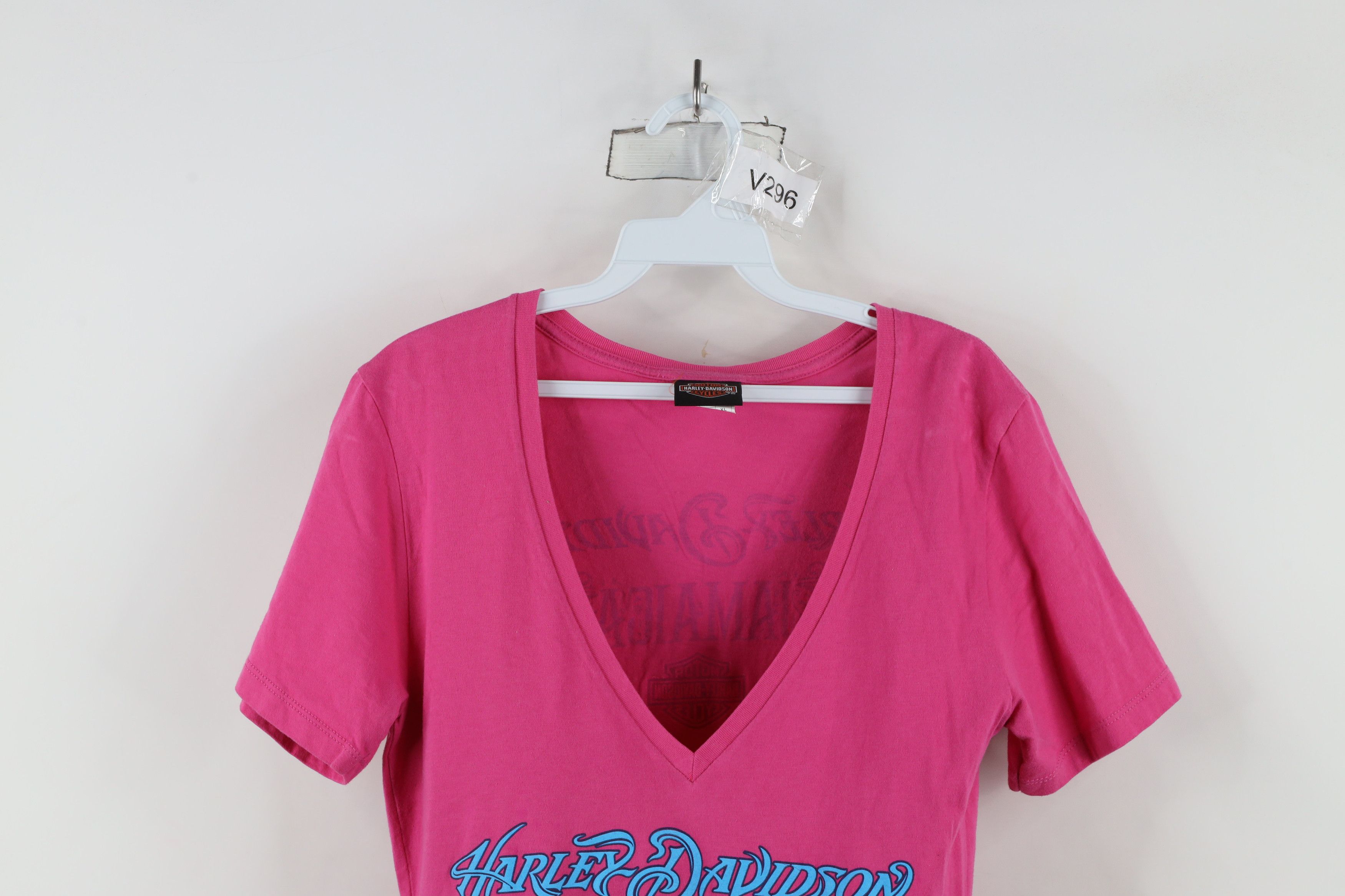 Harley Davidson × Vintage Vintage Harley Davidson Tribal Jamaica V-Neck T-Shirt Pink Size XL / US 12-14 / IT 48-50 - 2 Thumbnail
