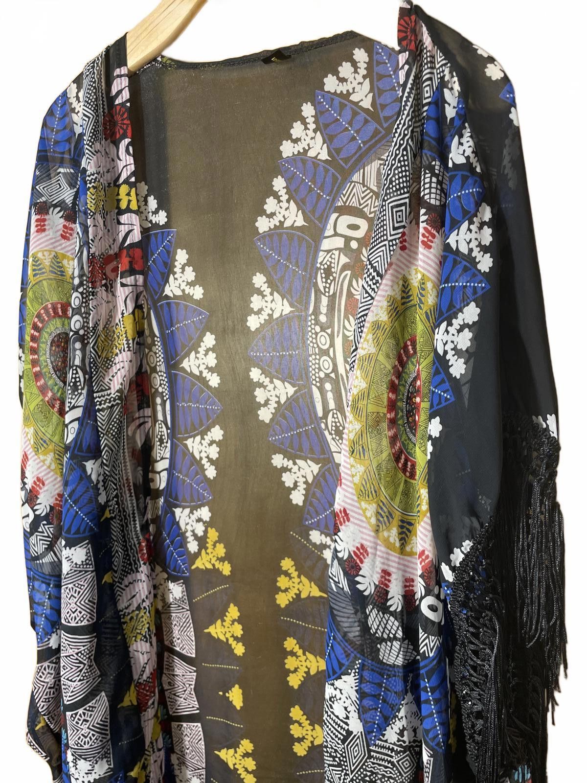 Other Kimono Robe Midi Women's OS Black Blue Fringe Boho Festival Size ONE SIZE - 3 Thumbnail