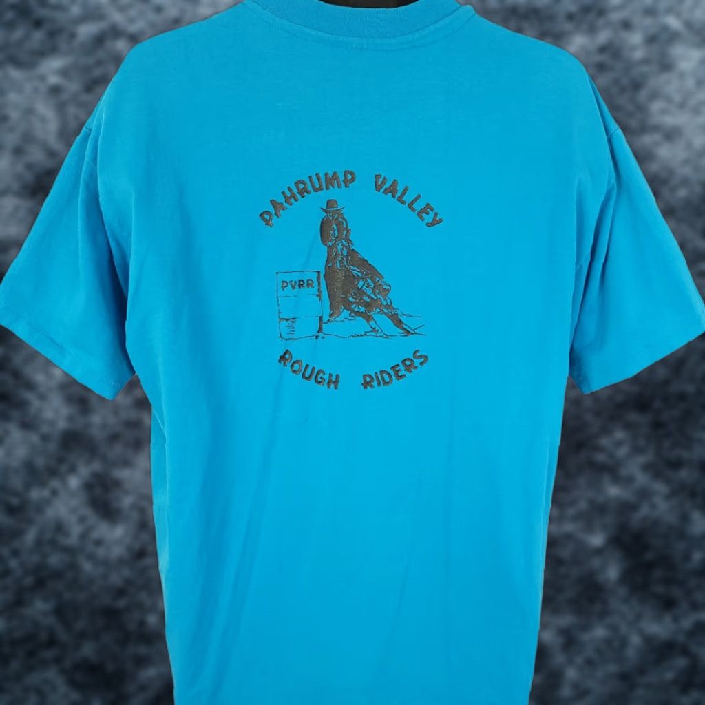Vintage VINTAGE Pahrump Valley Rough Riders T Shirt Mens XL 80s Rodeo Cowboy Western Blue Cotton Blend 1980s Bull Riding Bull Rider T-Shirt Size US XL / EU 56 / 4 - 1 Thumbnail