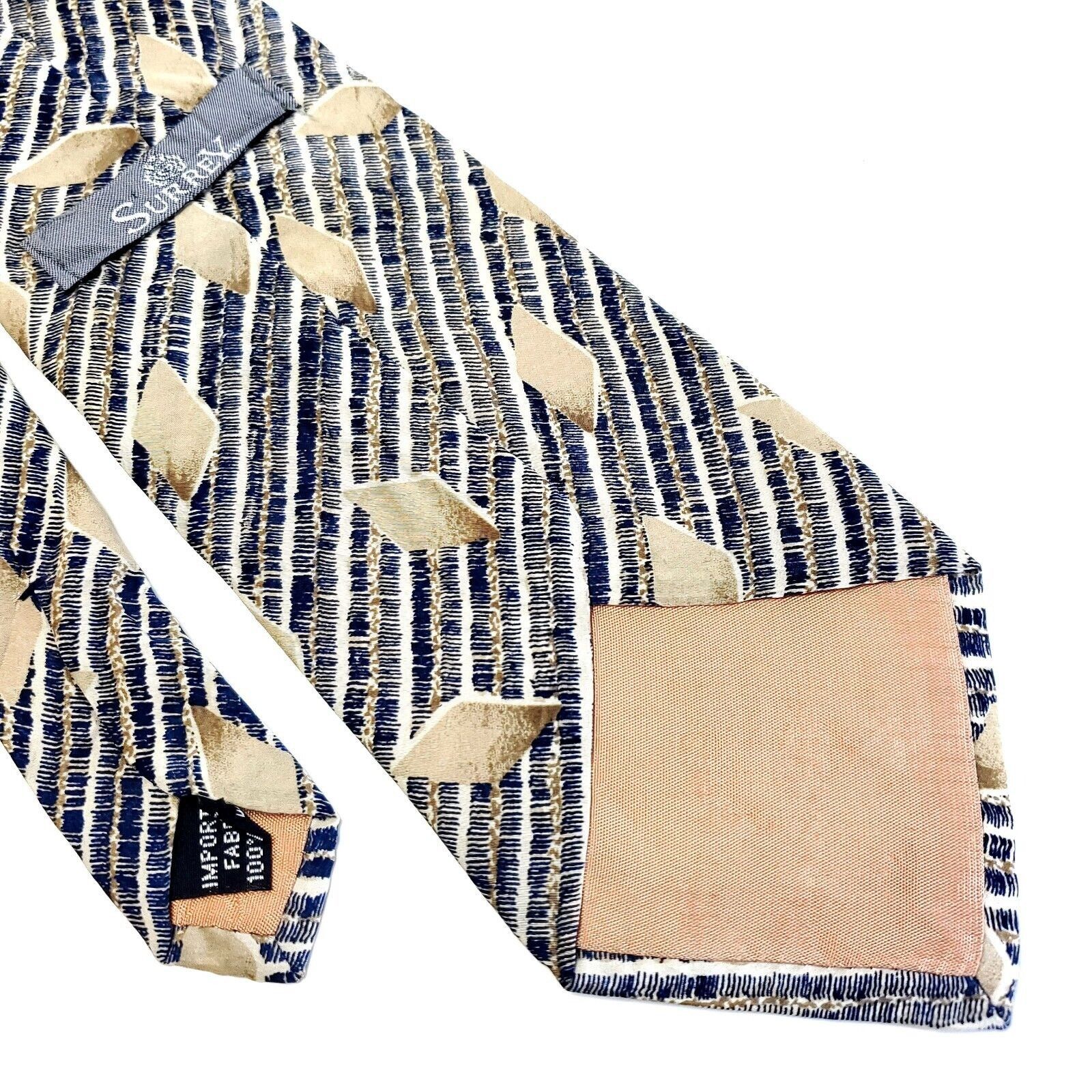 Designer Surrey Blue Tan Striped Abstract Print Short Wide Silk Tie Size ONE SIZE - 5 Thumbnail