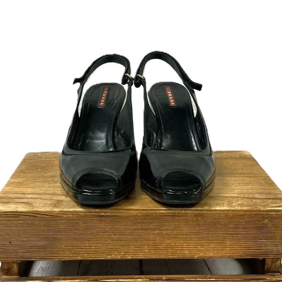 Prada Prada Black Sport Patent Leather Peep Toe Slingback Heels 41 Size US 10.5 / IT 40.5 - 4 Thumbnail