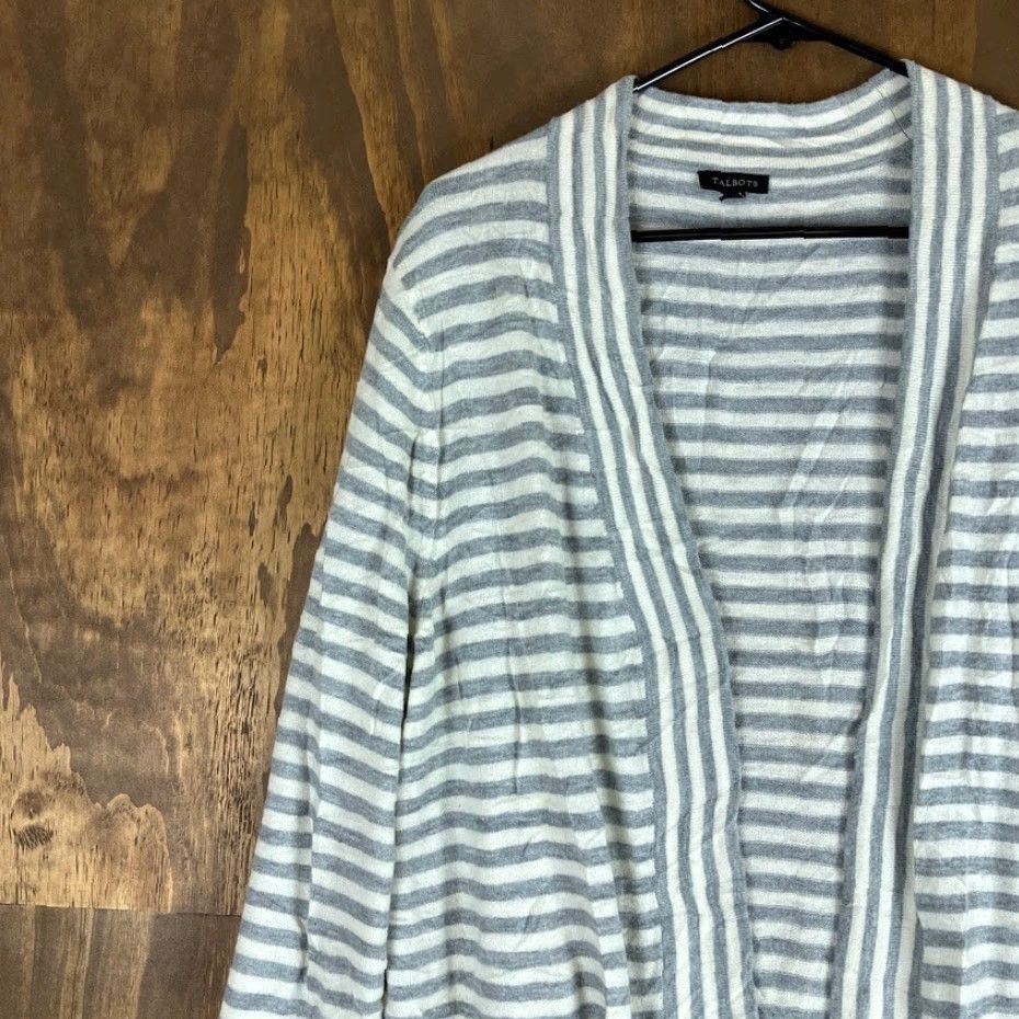 Talbots Talbots Womens Sweater White Gray Striped Open Front Cardigan Lambs Wool Blend L Knit Style Cardigan Women Open Front Knitwear Casual Formal Workwear Size L / US 10 / IT 46 - 4 Thumbnail