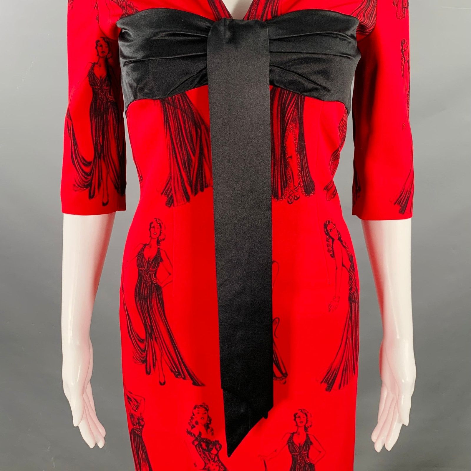 Moschino Size 6 Red Black Viscose Blend Figures Bow Cocktail Dress Size M / US 6-8 / IT 42-44 - 2 Thumbnail