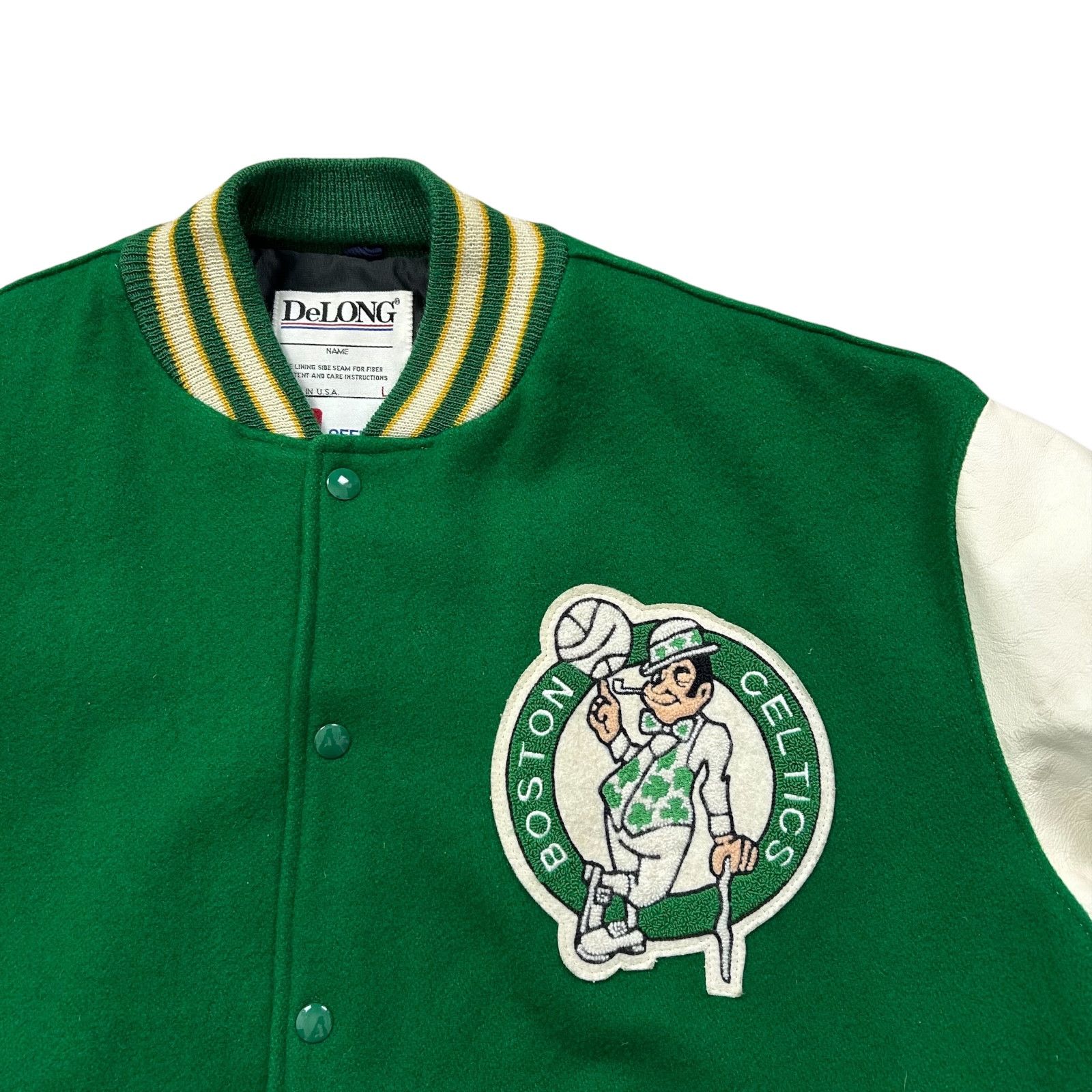 NBA VTG 90s BOSTON CELTICS DELONG VARSITY WOOL LEATHER JACKET Size US L / EU 52-54 / 3 - 4 Thumbnail