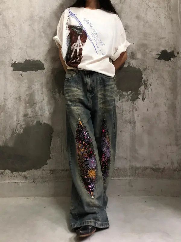 Jean Mitsuoka x Kumi Baggy Patchwork Embellished Wide Leg Jeans Size US 30 / EU 46 - 6 Thumbnail