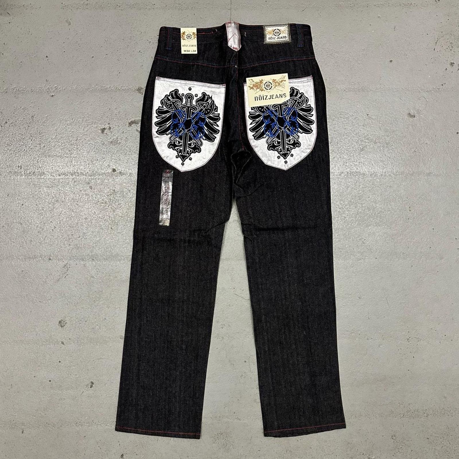 Vintage Vintage baggy y2k noiz black raw denim embroidered design Size US 34 / EU 50 - 1 Thumbnail