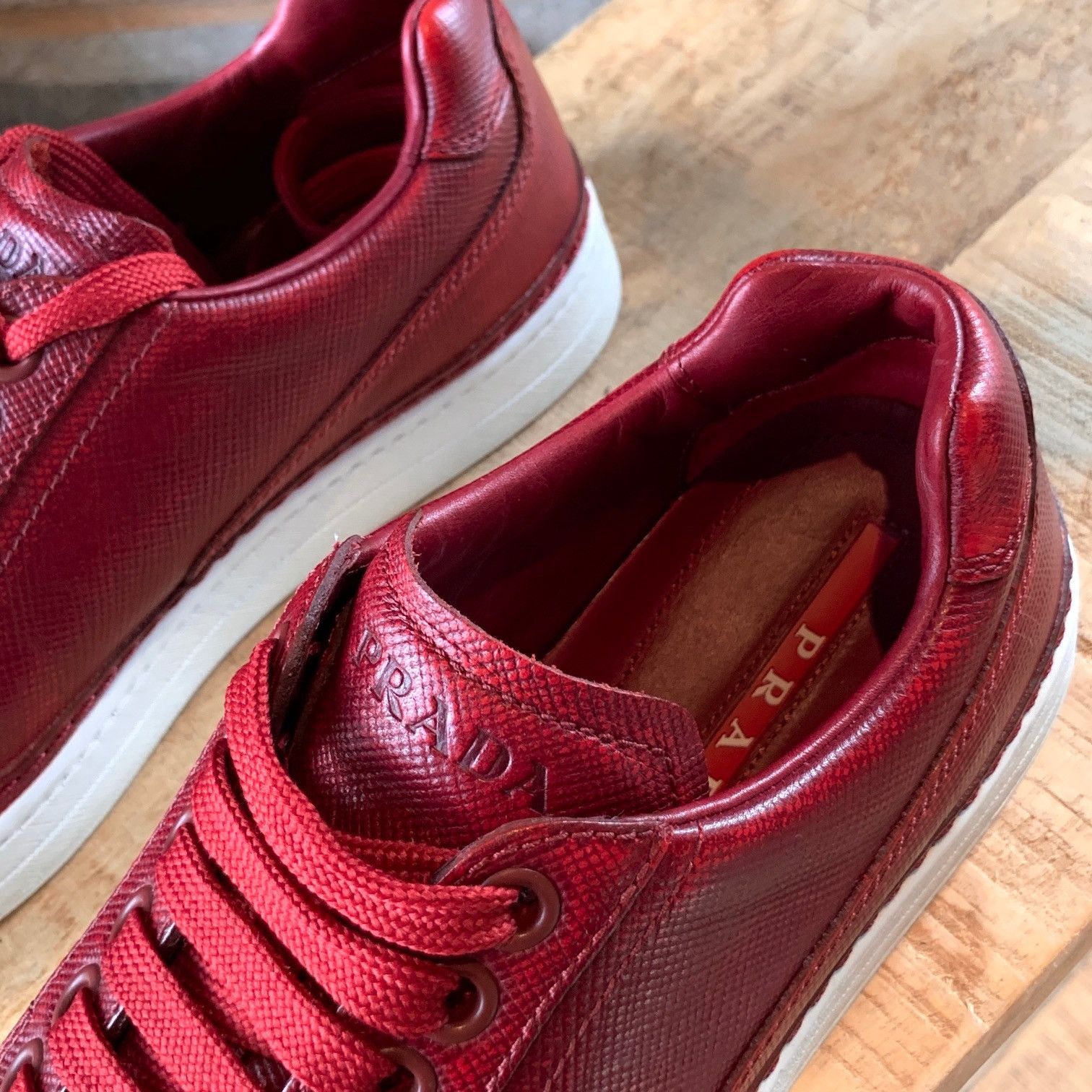 Prada Prada Saffiano Red Leather Low-Top Sneakers Size US 7 / EU 40 - 5 Thumbnail