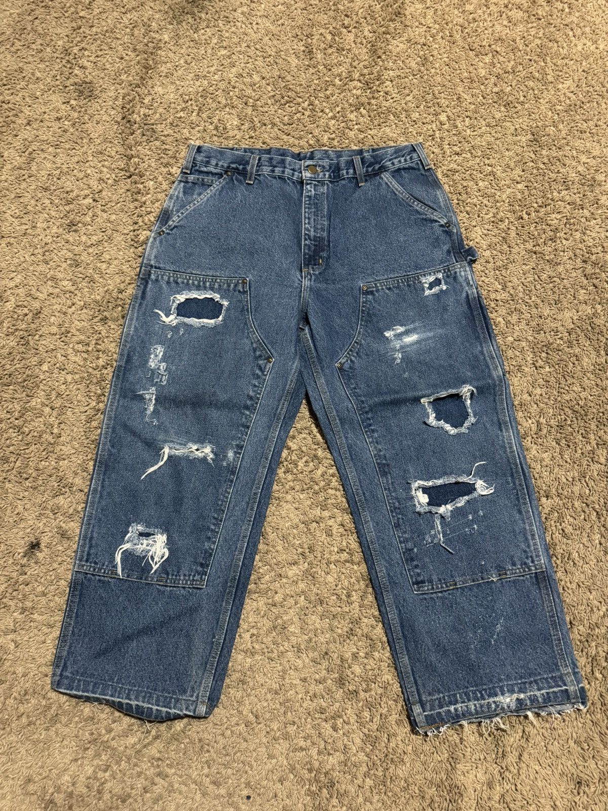 Baggy distressed double knee denim