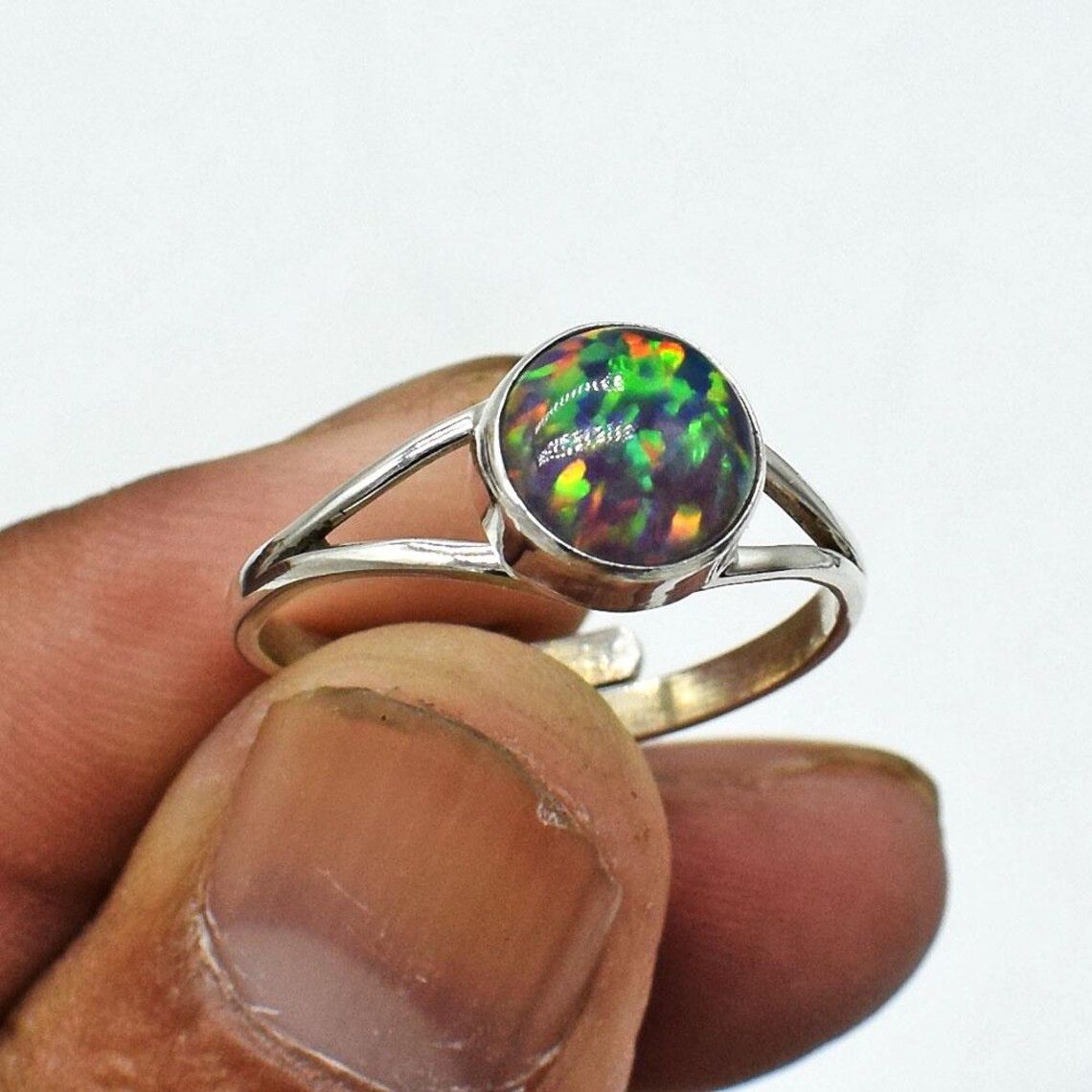 Handmade Dainty Multi Fire Opal 925 Silver Ring: Anniversary Jewelry Size ONE SIZE - 5 Thumbnail
