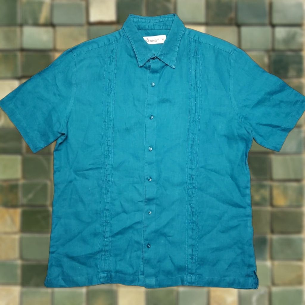 Cubavera VINTAGE Salma Shirt Mens XL Teal Blue Cubavera 100% Linen Retro Guayabera Shirt Mens XL Blue Casual Pockets 1960s Mens Size US XL / EU 56 / 4 - 1 Thumbnail