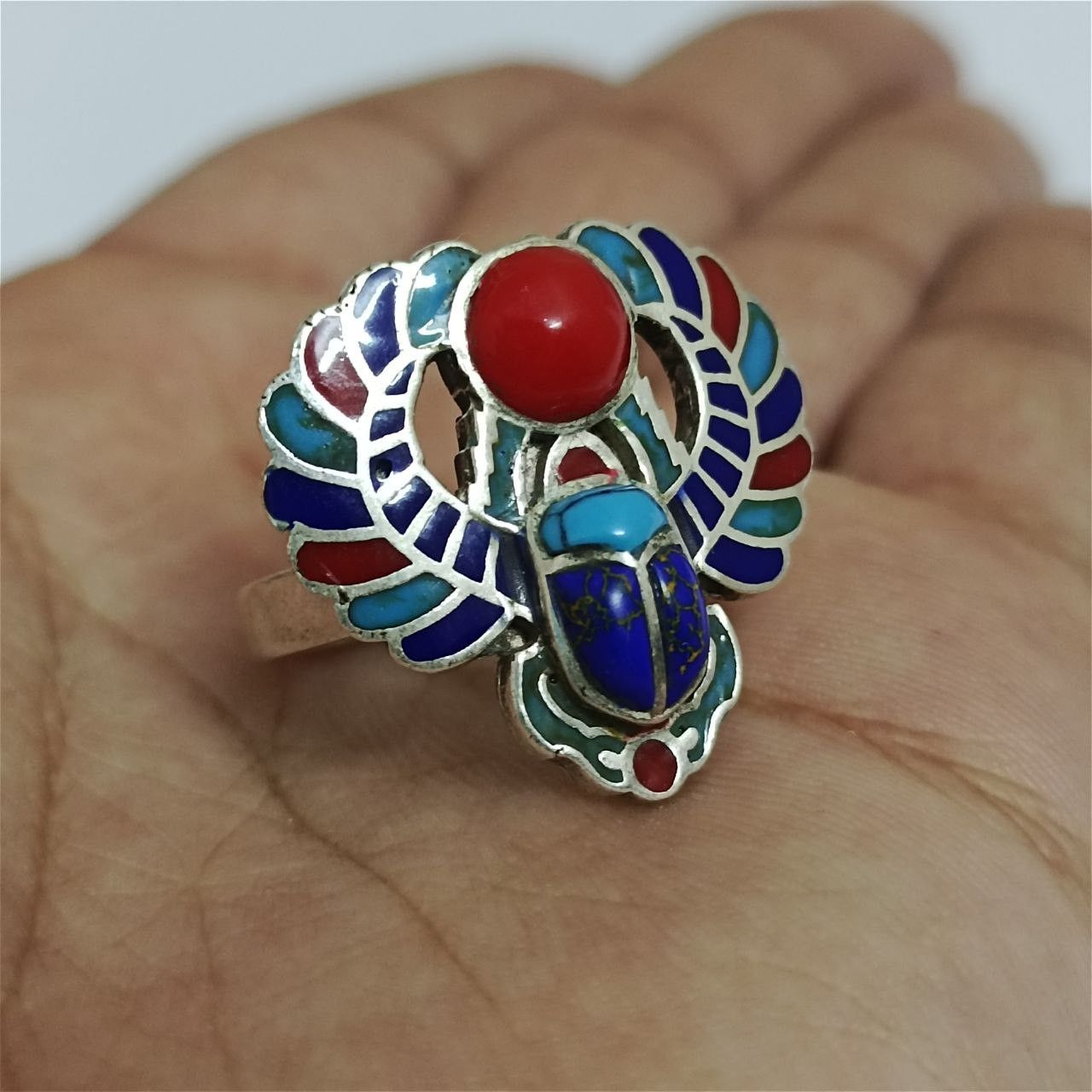 925 silver adjustable ring with scarab turquoise coral