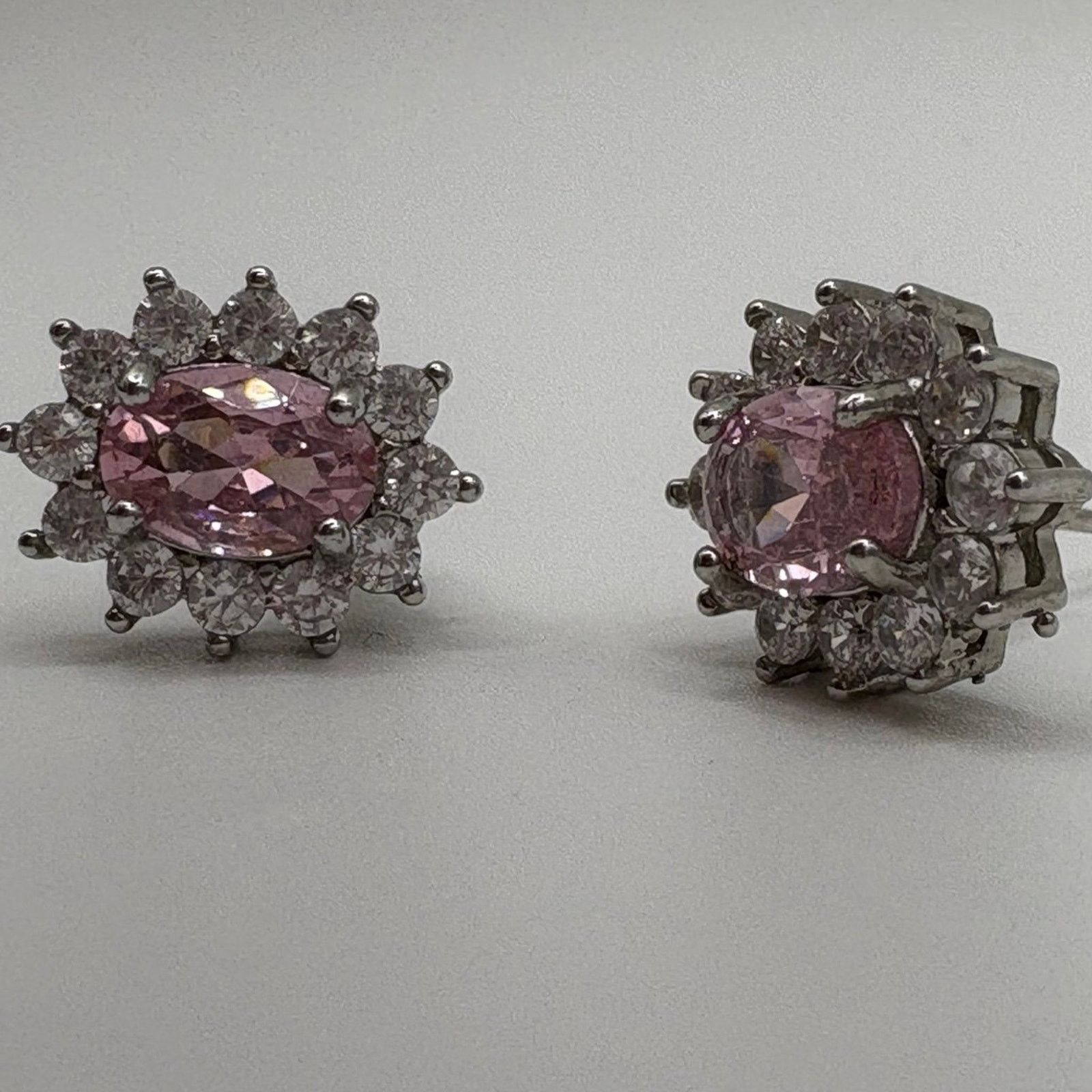 Handmade Sparkling Pink & White CZ Oval Halo Stud Earrings – Silver Size ONE SIZE - 2 Thumbnail
