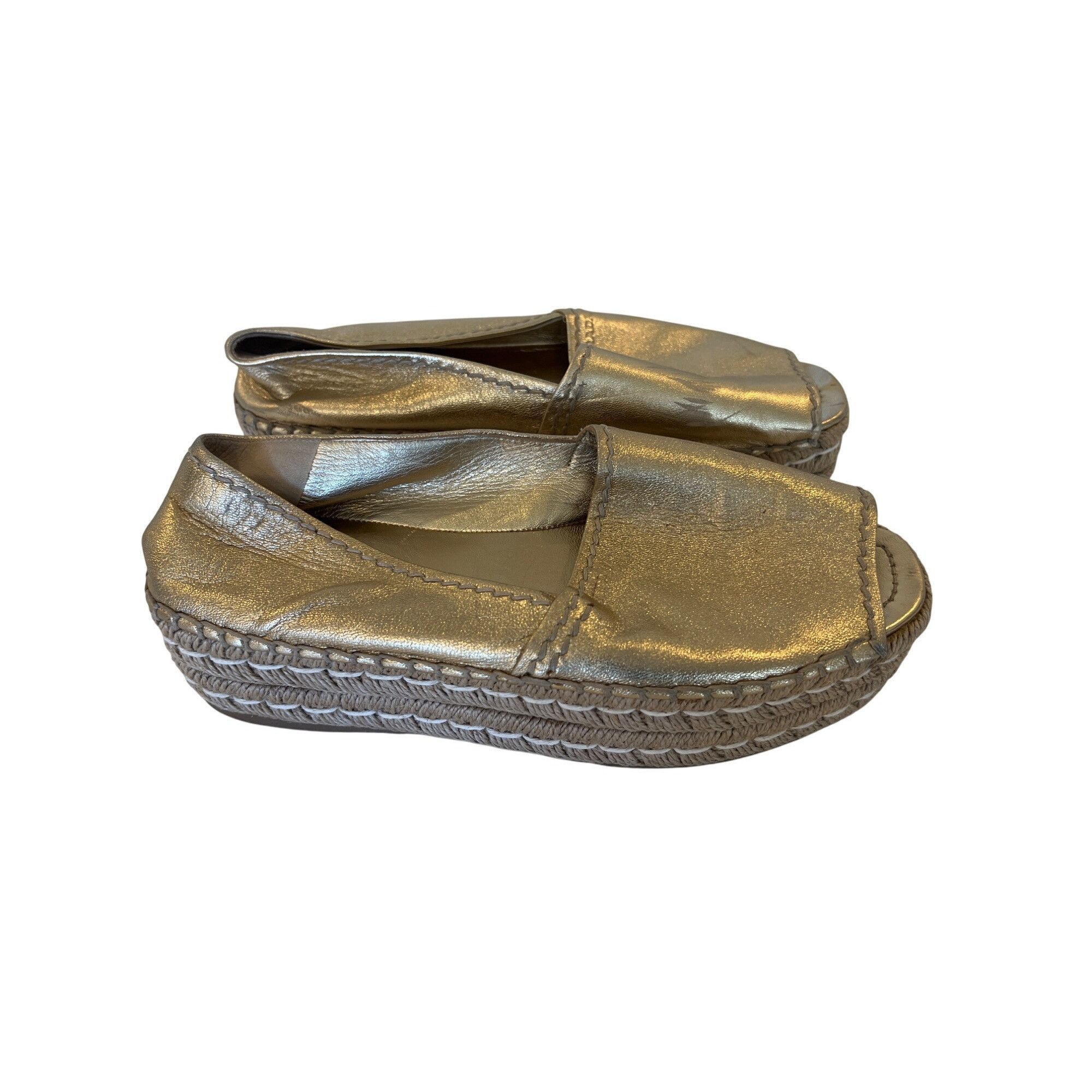 Prada Prada Gold Metallic Peep-Toe Espadrilles Size US 7.5 / IT 37.5 - 11 Thumbnail