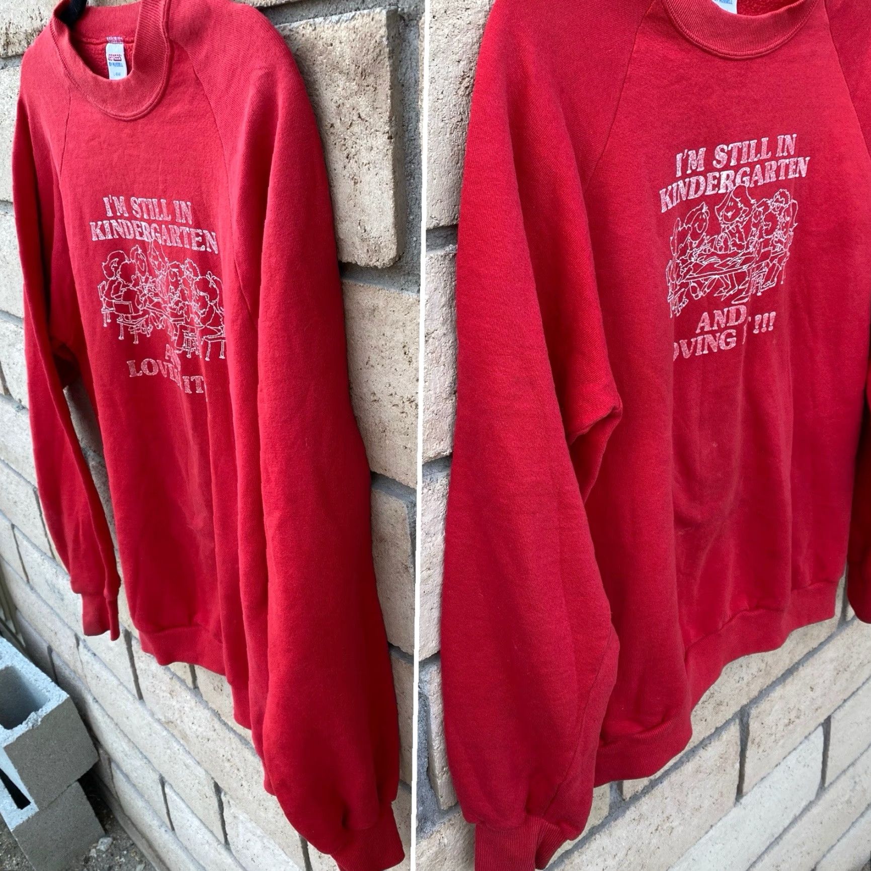 Jerzees VINTAGE Im Still In Kindergarten And Loving It Raglan Sweatshirt Worn Distressed Mens L Red Jerzees Graphic Print Cotton Blend Pullover Long Sleeve Size US L / EU 52-54 / 3 - 2 Thumbnail