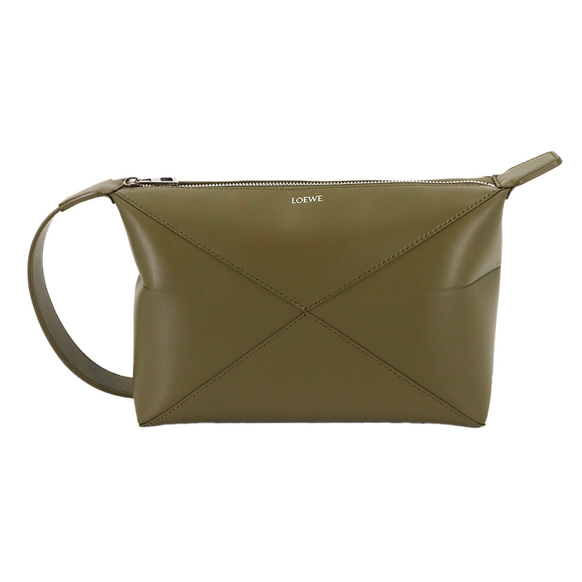 LOEWE Puzzle Fold Wash Hand Clutch Bag in Olive Leather with Silver Hardware (C510WBPX01)