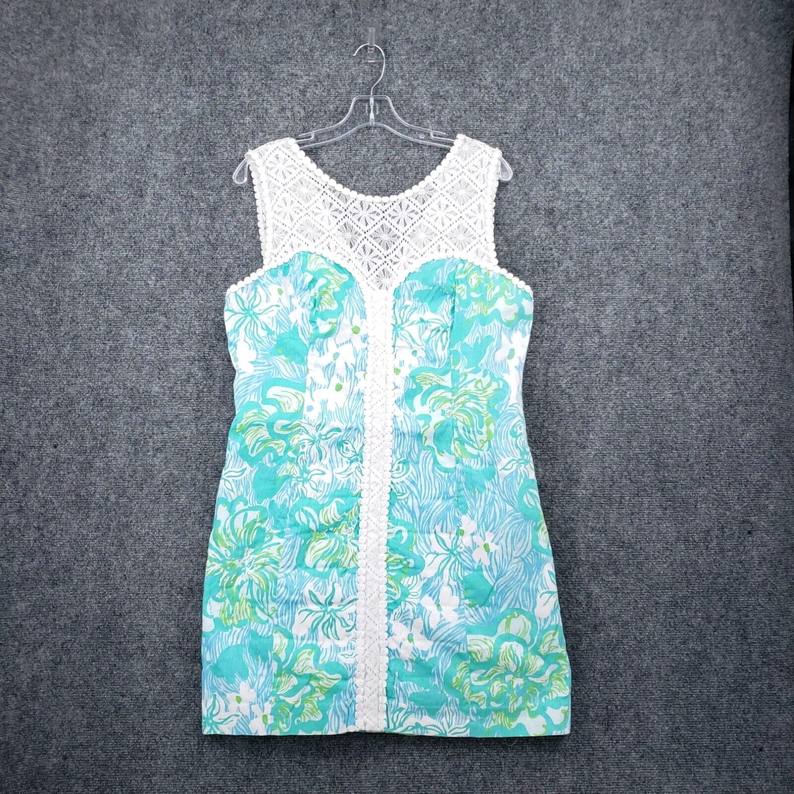 image of Lilly Pulitzer Dress Womens 14 Green Floral Lagoon Sleeveless Shift Lace Trim in White (Size XL)