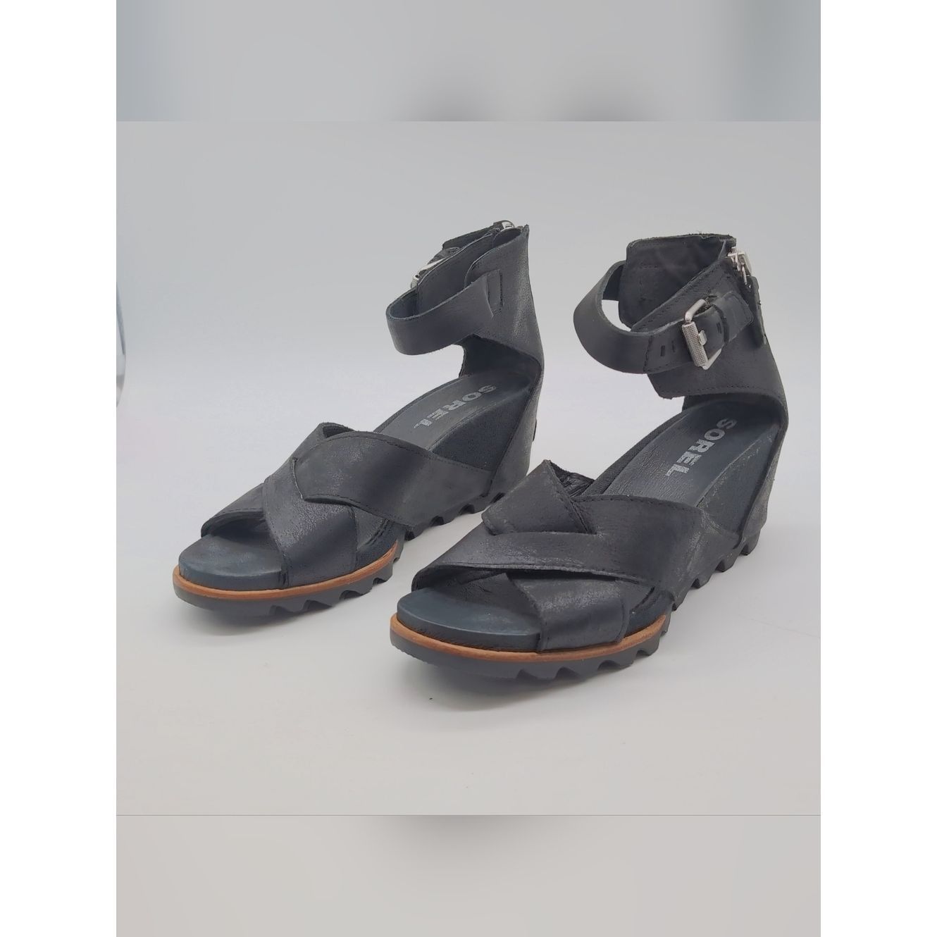 SOREL Sorel Joanie Sz 11 Women's Black Leather Ankle-Strap Wedge Size US 11 / IT 41 - 1 Thumbnail