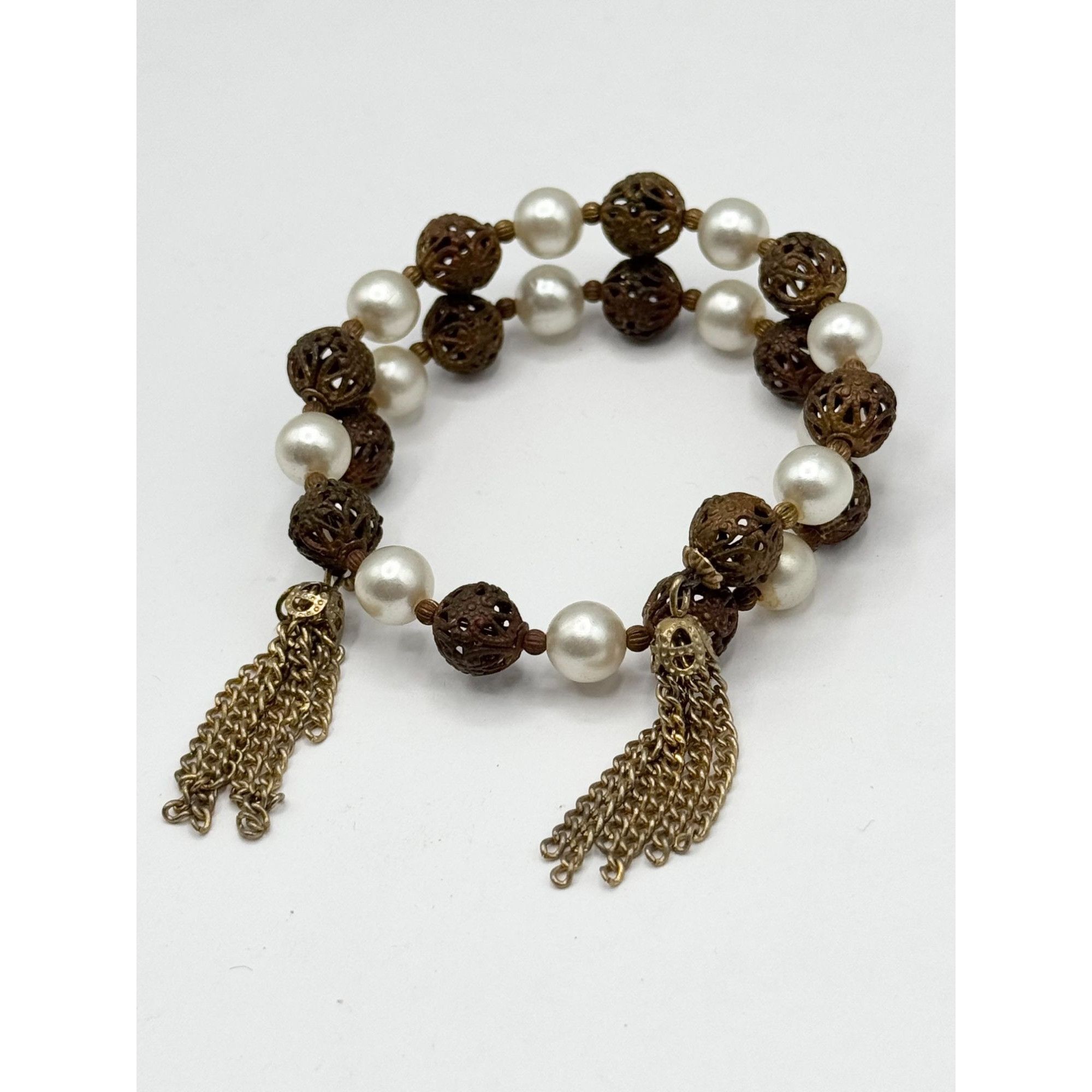Vintage Vintage filigree ball faux pearl wire wrap chain tassel brac Size ONE SIZE - 4 Thumbnail