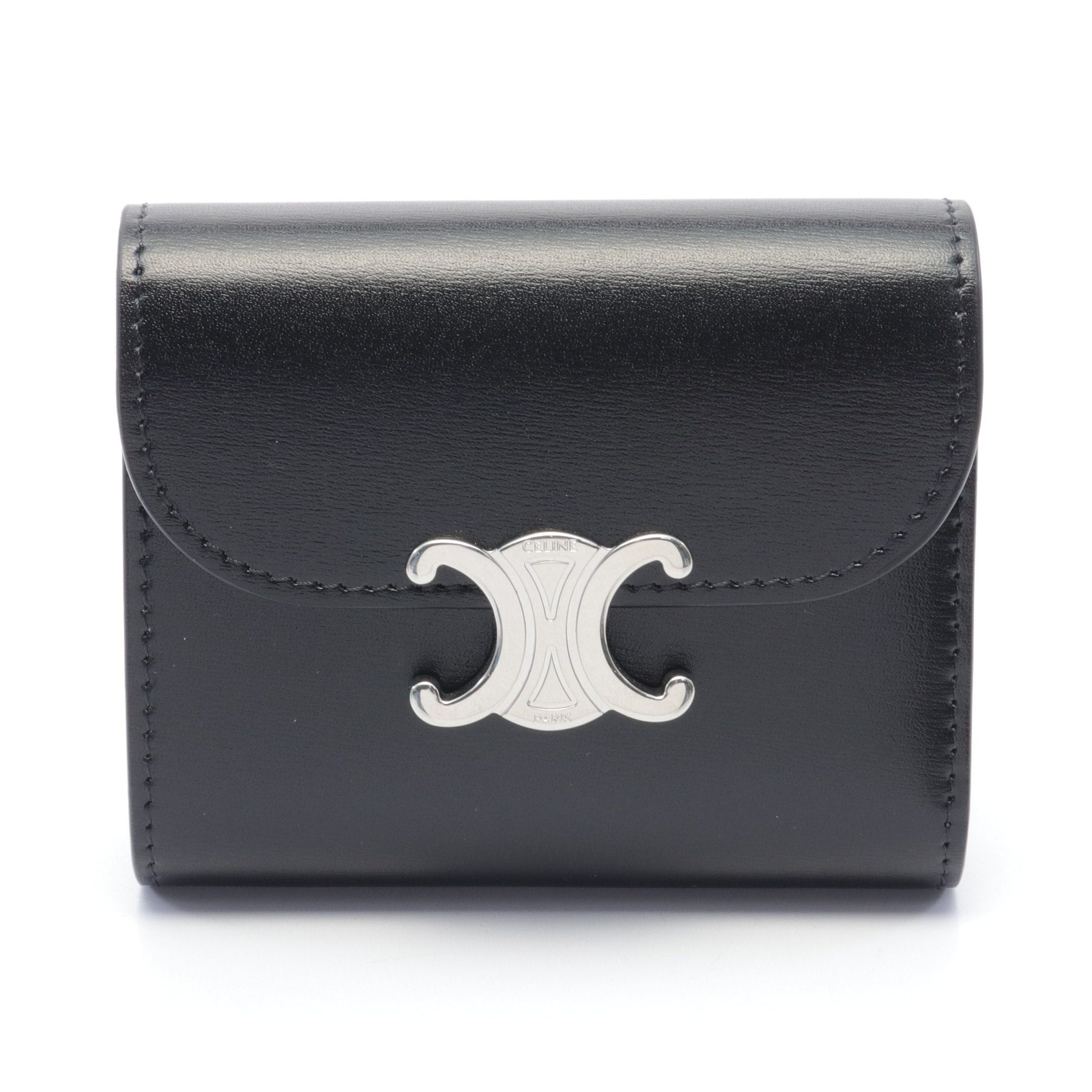 image of Celine Small Wallet Triomphe Trifold Wallet Leather Black, Women's